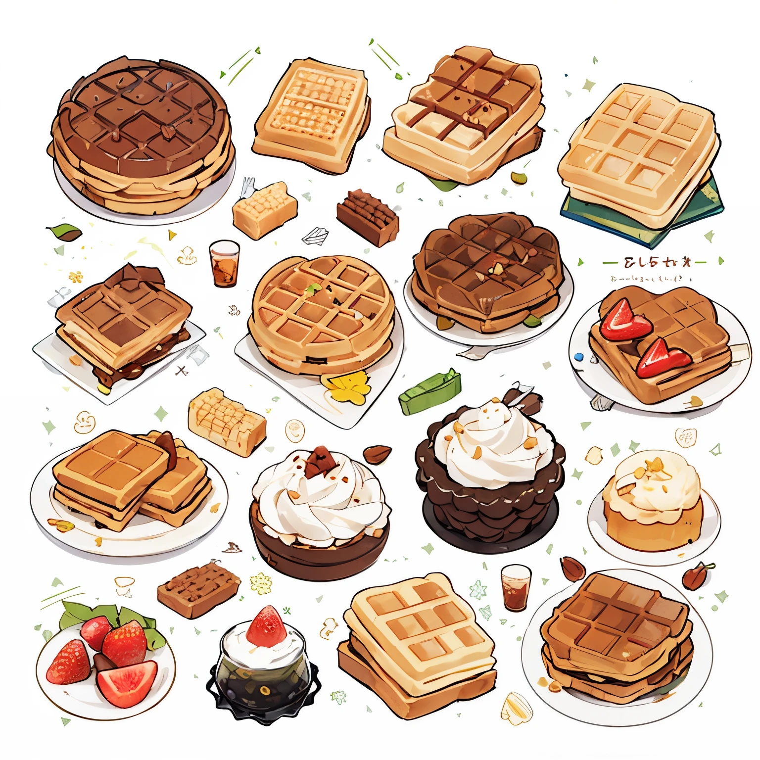 many Waffles,many styles,sticker,fuit toppings,colorful,full view,clear background,piece by piece,icon,pattern