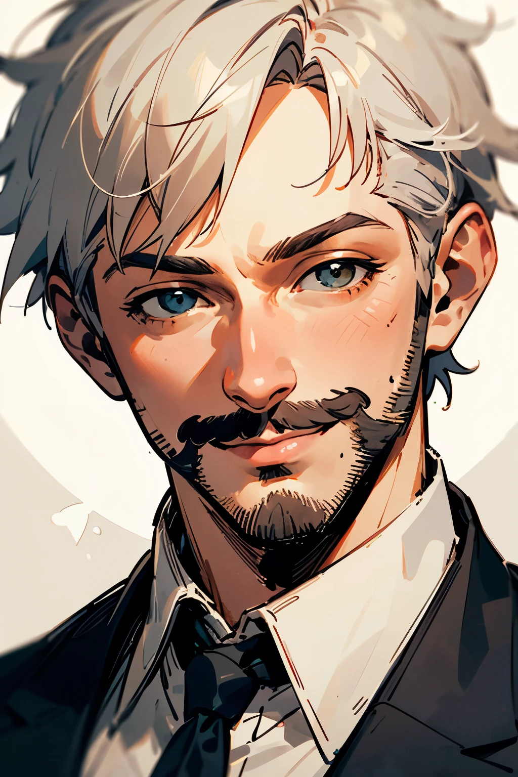 ((best quality)), ((masterpiece)), (detailed), perfect face, very short gray hair man 40 yo, handsome, smiling, short mustache and short beard, pepper-and-salt, very short hair