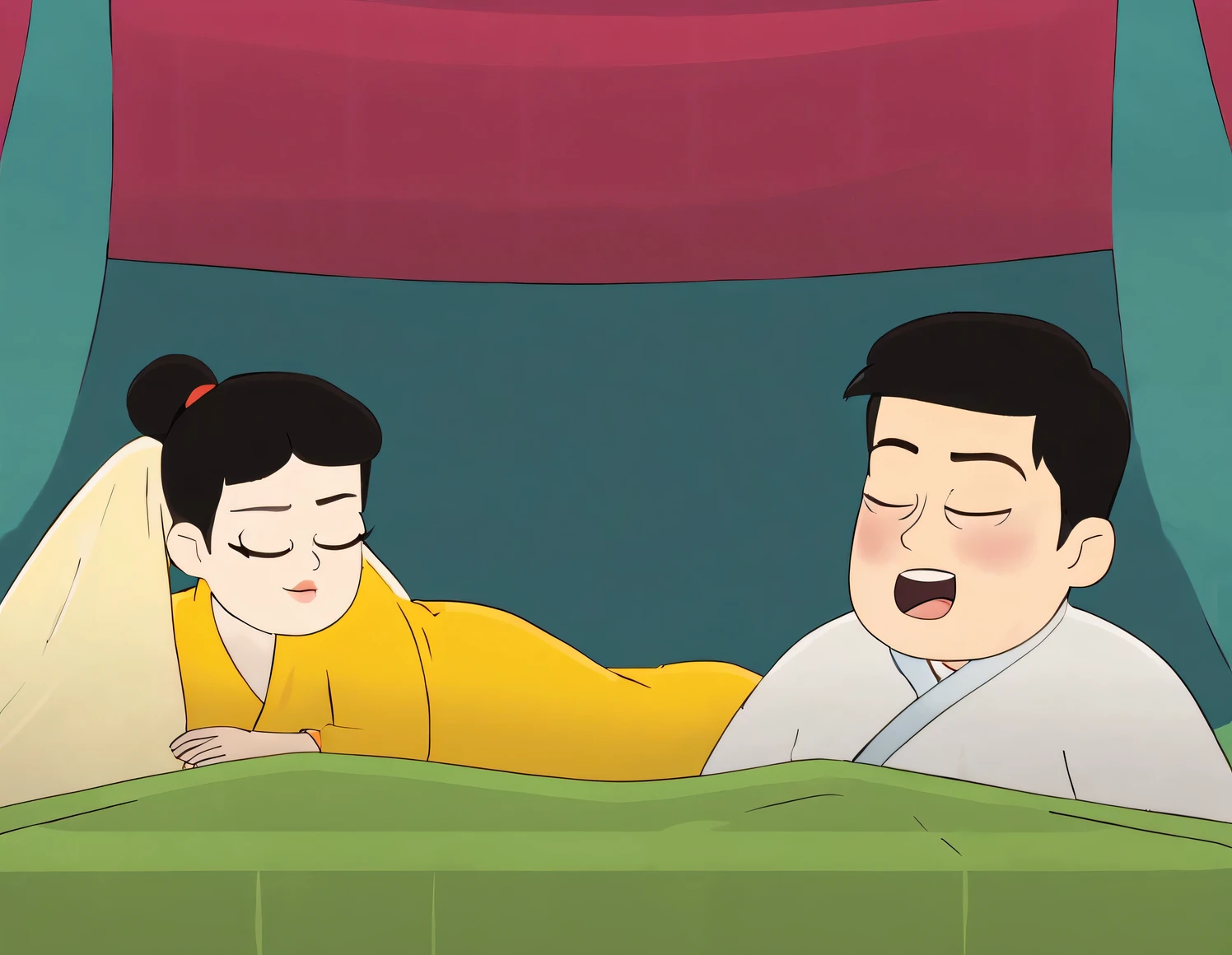 Chinese tall muscular boy and chubby girl couple lying under quilt and chatting,