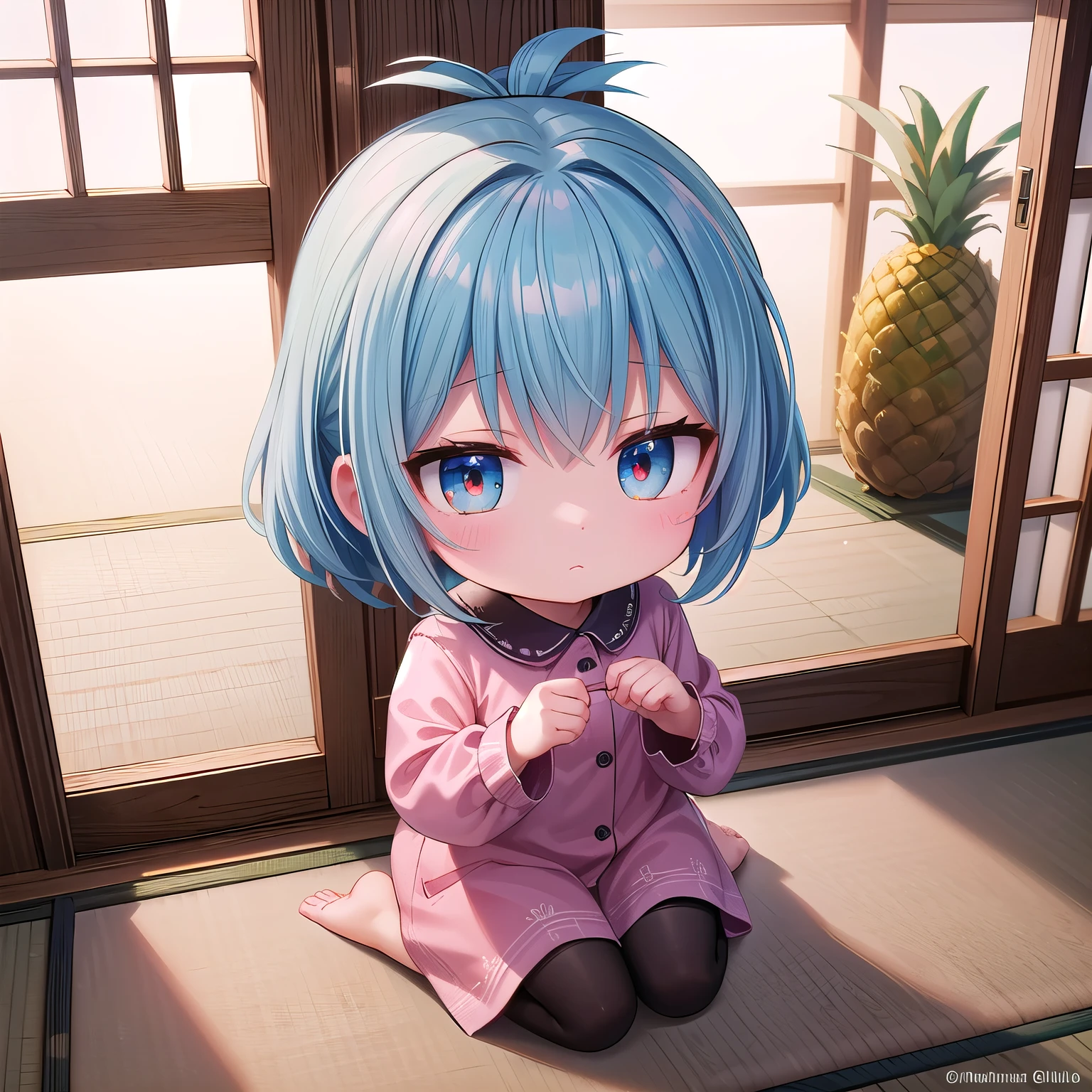 (Chibi, pineapple, petite, cute), (3DCG, Nendoroid, 1 girl, masterpiece, almond-shaped eyes, beautiful skin, red cheeks, glossy white-blue hair, short chignon hair), indifferent, expressionless, the best Quality, delicate fingers, warm clothes, strong light and shadow, full body,pajamas dress, black tights, Blythe, best view spot, pineapple design, natural light, quaint stonework, gazer, dim light,giant towers,glittering atmosphere, pineapple churches,virgin,tatami play,openness