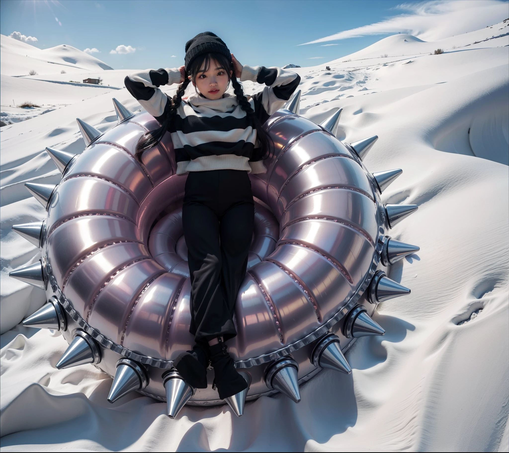 realistic cinematic photo a girl goes on an inflatable float, a girl goes down a snow slide, daylight, the sun shines and creates rim light, a girl in a hat with black hair and pigtails and bangs, a girl wearing a black striped sweater and black pants and a winter hat, clothes voluminous and shiny, a purple inflatable circle with spikes, a girl riding down a snowy mountain, ultra-detailed,highly realistic portrait of the girl, best quality,4k,high resolution, masterpiece:1.2, vivid colors bring the scene to life, shiny hair, glossy hair, 4k, high resolution, rim light, realistic, young angry woman, promo shot, 4k, realistic, rim light, high resolution, shiny hair with pigtails and bangs, Her outfit shines under the spotlight. Her hair impeccably styled, with a finish that adds to her charm. The subtle rim light highlights the contours of her figure, adding depth and dimension to the composition. This artwork combines the elements of a glossy costume, beautiful hair, high-resolution image, realistic rendering, dark background, and rim light.