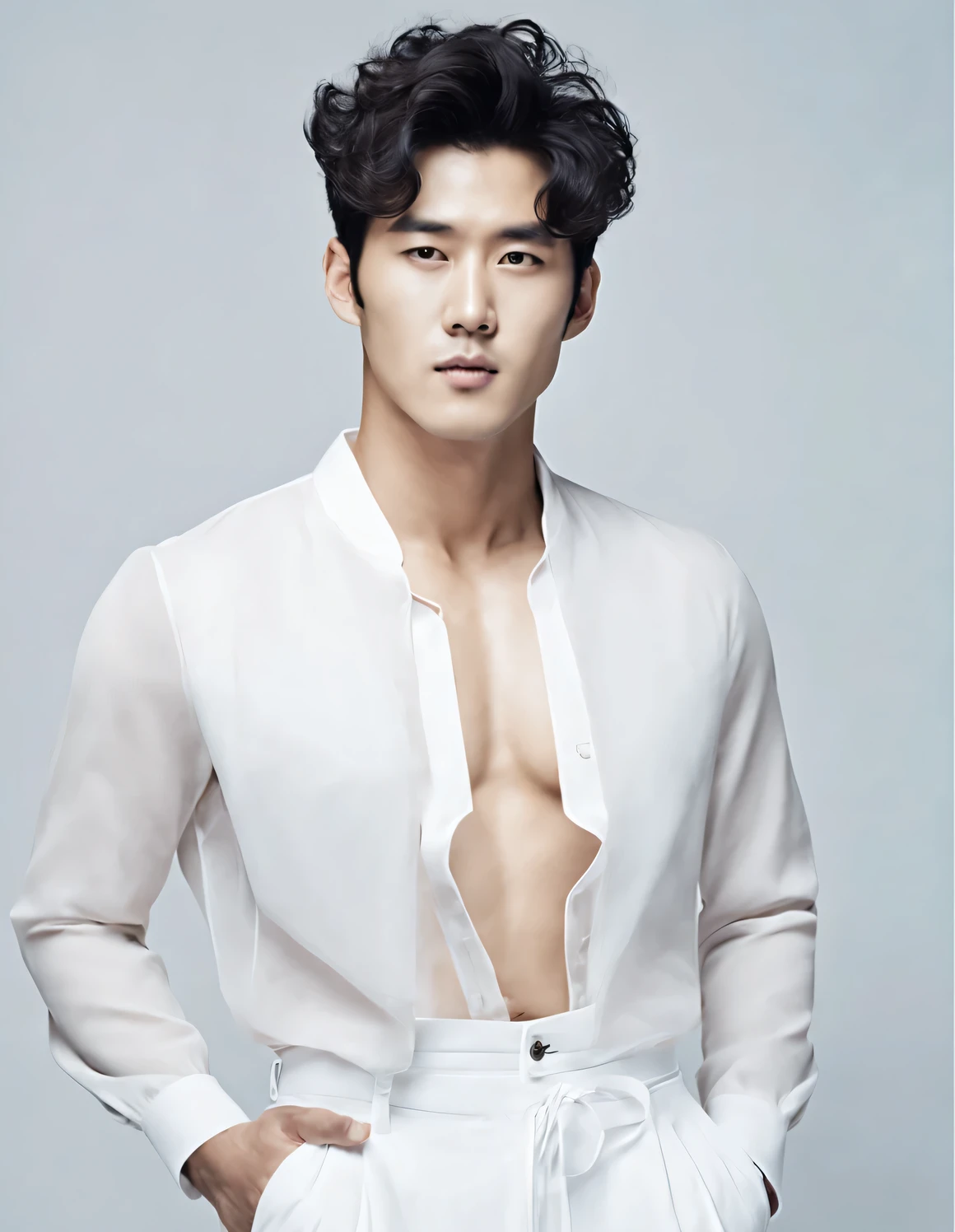Head portrait of Asian man with completely transparent face and black curly hair,(bust),(Korean star Lee Sun Kyun:1.2),Toned muscles,