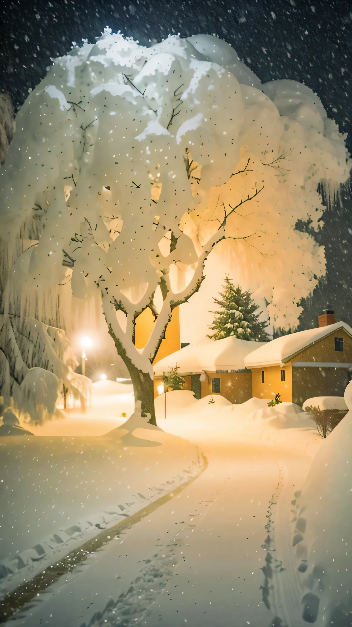 snowy night scene with a tree and a house in the distance, perfect lighting in a snow storm, snowfall at night, snowy night, glowing snow, snowy winter scene, snow glow, snowy winter christmas night, light snowfall, snow scene, winter night, winter in the snow, winter scene fantasy, snowy winter, moonlight snowing, winter snow, heavy snow fall