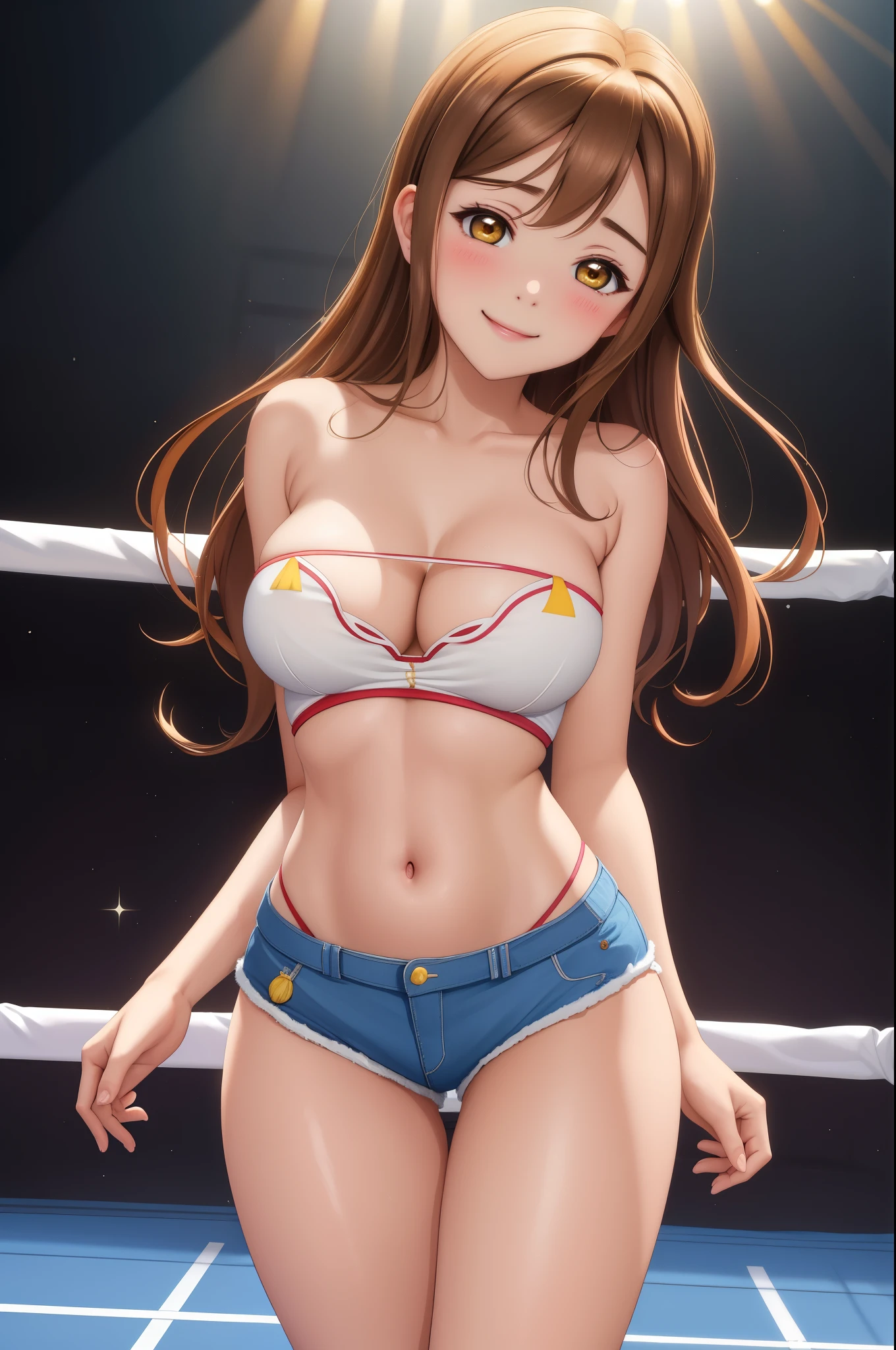 masterpiece, best quality,(NSFW:0.7), (kunikida hanamaru:0.999), (long hair:0.888), (breasts:0.878), (brown hair:0.875), (looking at viewer:0.699), (large breasts:1.0), Blush, Closed mouth, very tight blue tube top, strapless, midriff, cowboy shot, very tight shorts,in wrestling ring , excited smile 