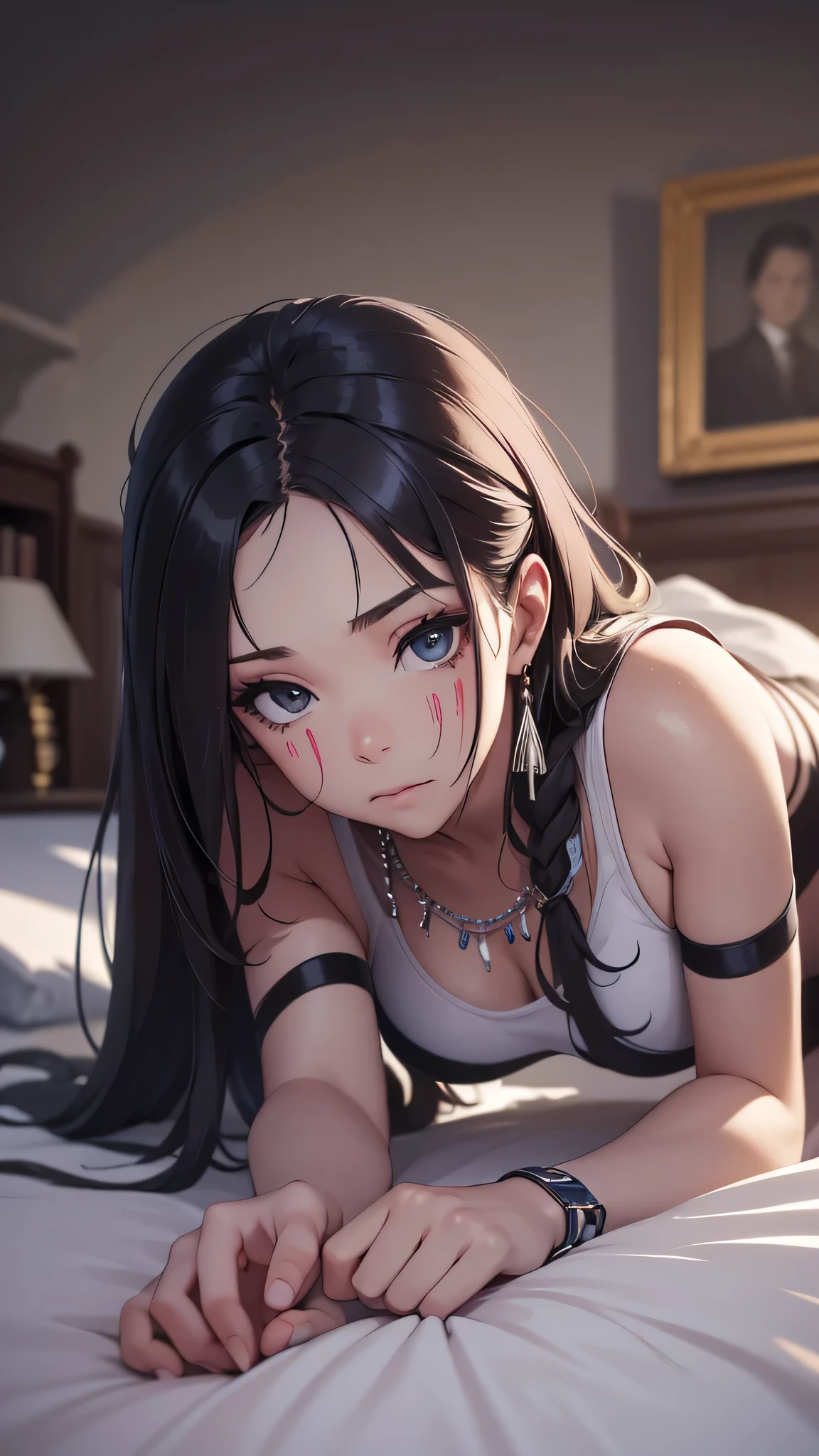 最high quality、best image quality、masterpiece、age girl((18-year-old、 By becoming、vest bust、medium bust,wide open breast tea、black eye, black hair、long hair、thin,highest valley、cute makeup、black sports bra、White sports pants、White Necklace、Blackface Paint、tired face、Sweat、sleep、get down on all fours、erotic face)),high quality、beautiful art、background((on the bed)),debris flies、Depth of written boundary、movie、visual art、perfect art、8K,genuine