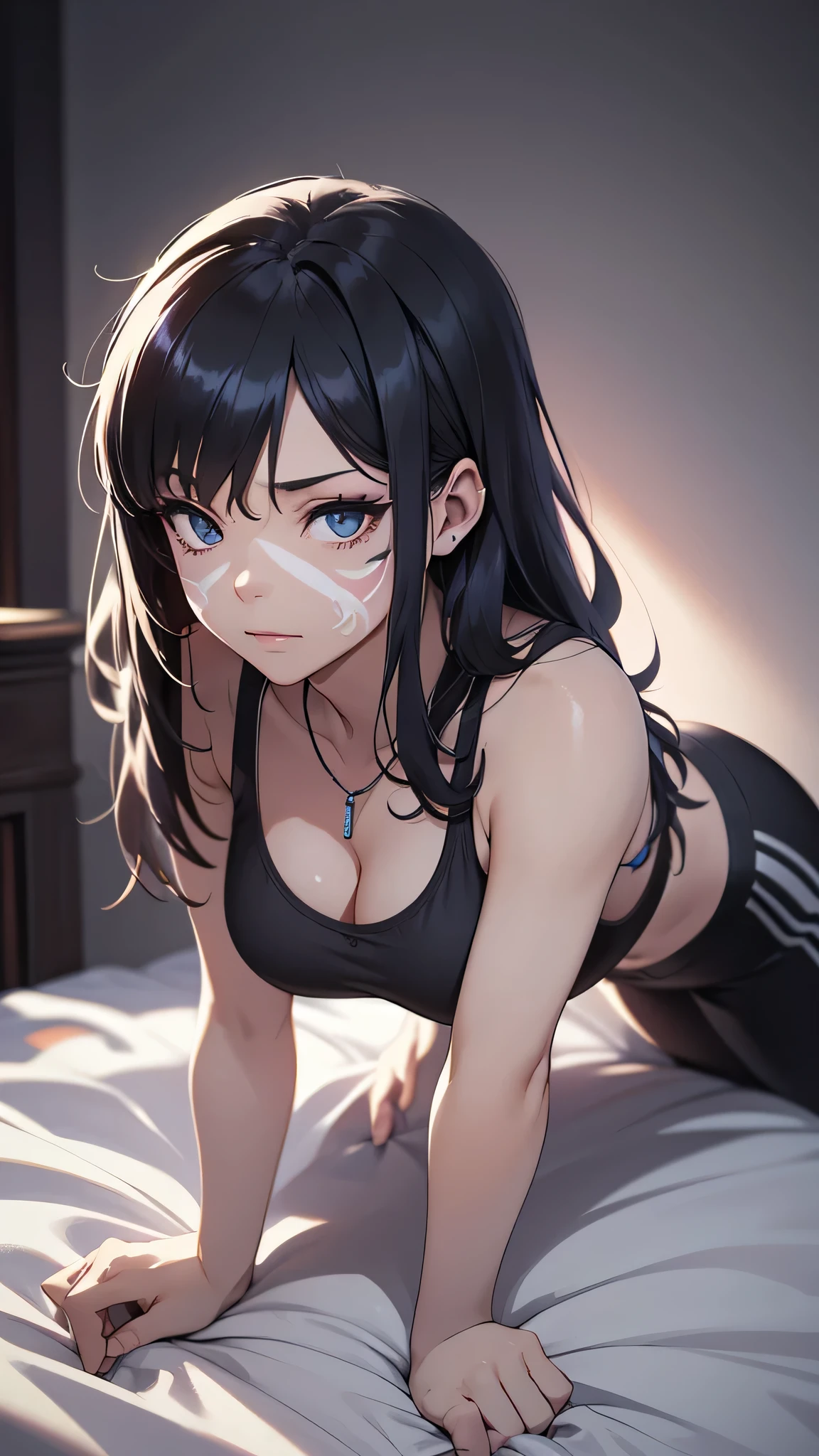 最high quality、best image quality、masterpiece、age girl((18-year-old、 By becoming、vest bust、medium bust,wide open breast tea、black eye, black hair、long hair、thin,highest valley、cute makeup、black sports bra、White sports pants、White Necklace、Blackface Paint、tired face、Sweat、sleep、get down on all fours、erotic face)),high quality、beautiful art、background((on the bed)),debris flies、Depth of written boundary、movie、visual art、perfect art、8K,genuine