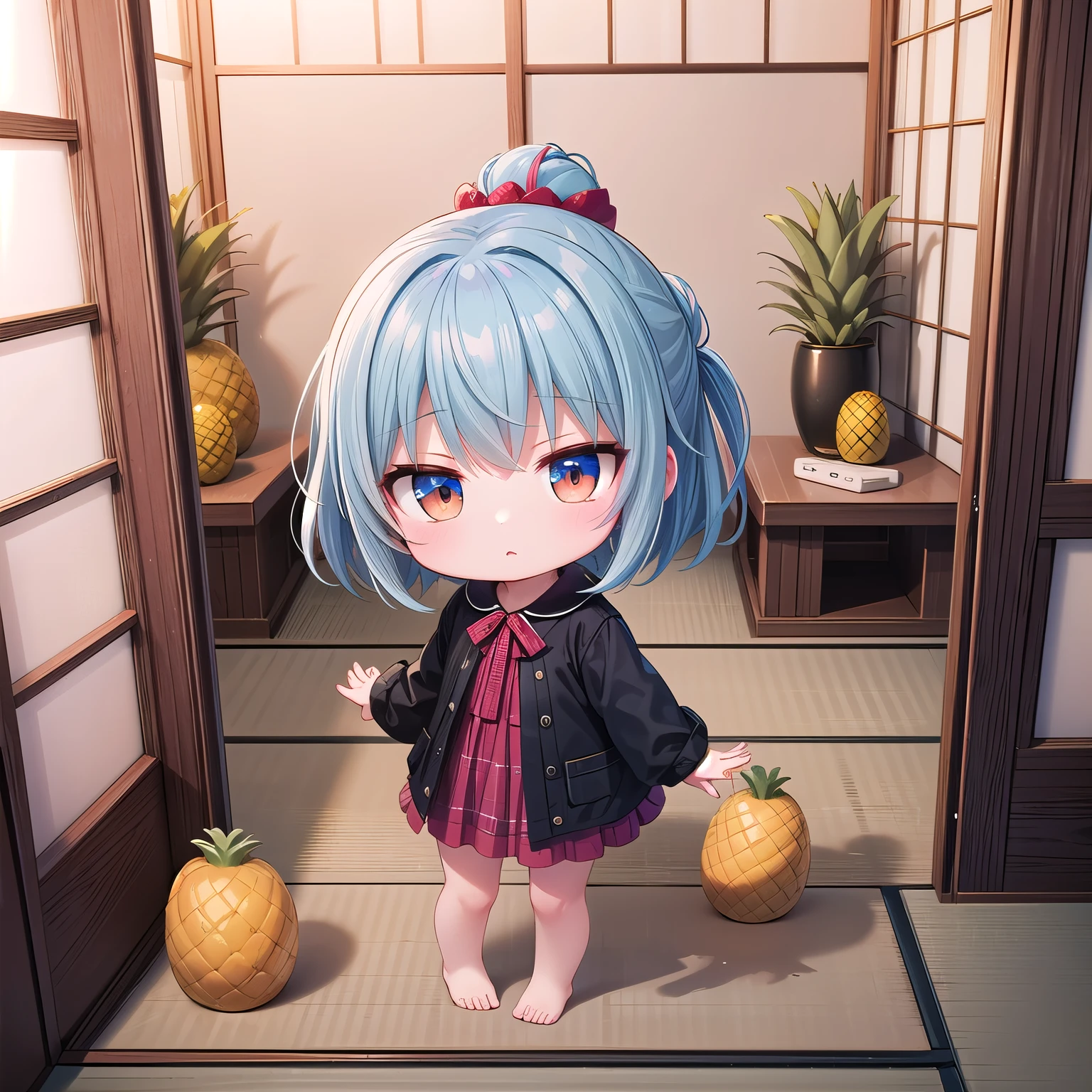 (Chibi, pineapple, petite, cute), (3DCG, Nendoroid, 1 girl, masterpiece, almond-shaped eyes, beautiful skin, red cheeks, glossy white-blue hair, short chignon hair), indifferent, expressionless, the best Quality, delicate fingers, warm clothes, strong light and shadow, full body,pajamas dress, black tights, Blythe, best view spot, pineapple design, natural light, quaint stonework, gazer, dim light,giant towers,glittering atmosphere, pineapple churches,virgin,tatami play,openness,cheerful pose