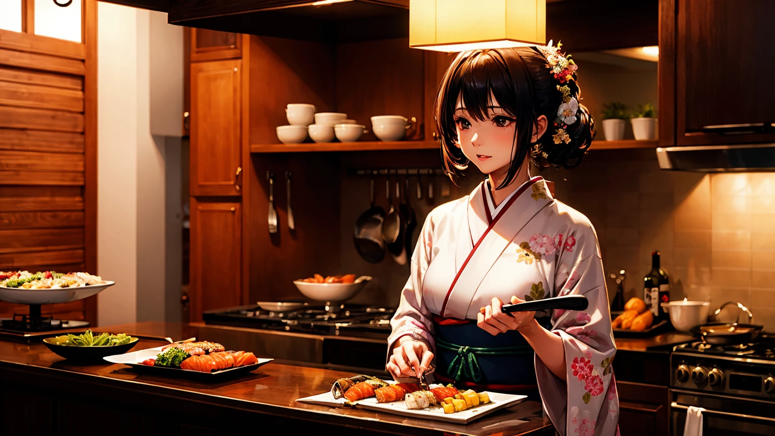 highest quality、masterpiece、UHD image quality、A woman with perfect beauty、Kappo kimono、cooking、Sushi Shop、kitchen、Hold the sushi、