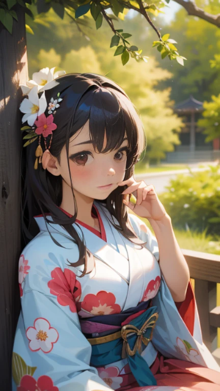 masterpiece, highest quality, 1 girl,
sitting alone,
outdoor, picturesque scene,
cute Japanese model girl in a vibrant kimono,
flowers patterns adorning her hair and ornaments,
gazing directly at the viewer with a demure expression,
hair accessory featuring a delicate flower,
brown eyes sparkling with curiosity,
bangs framing her face perfectly,
realistic and lifelike representation,
surrounded by the beauty of nature.
