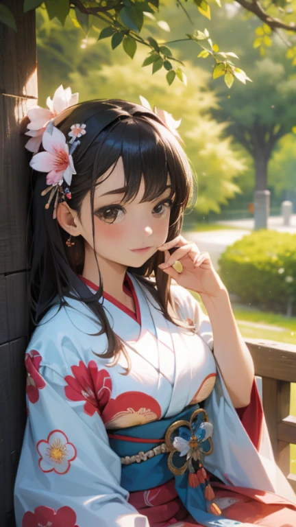 masterpiece, highest quality, 1 girl,
sitting alone,
outdoor, picturesque scene,
cute Japanese model girl in a vibrant kimono,
flowers patterns adorning her hair and ornaments,
gazing directly at the viewer with a demure expression,
hair accessory featuring a delicate flower,
brown eyes sparkling with curiosity,
bangs framing her face perfectly,
realistic and lifelike representation,
surrounded by the beauty of nature.