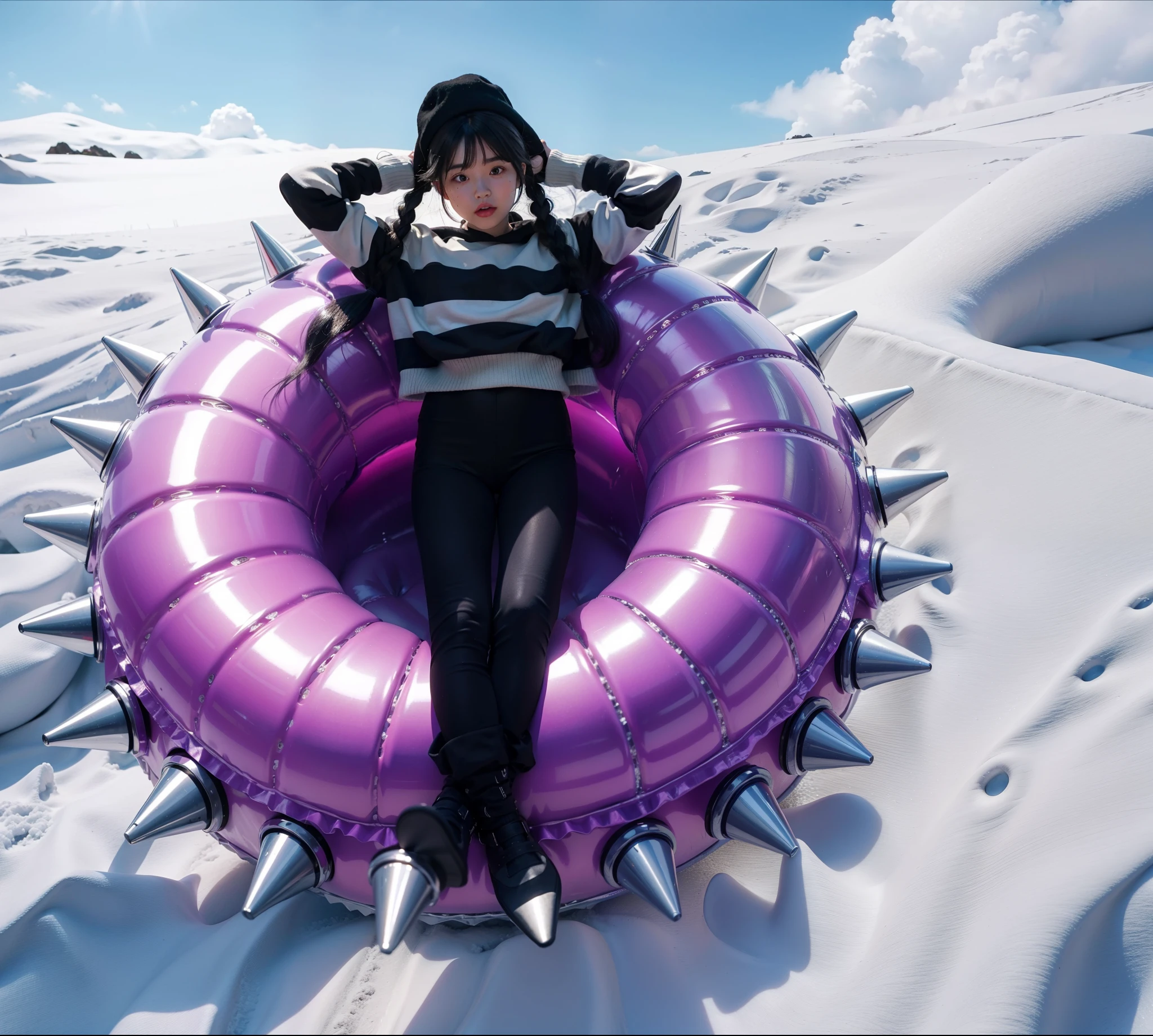 realistic cinematic photo a girl goes on an inflatable float, a girl goes down a snow slide, daylight, the sun shines and creates rim light, a girl in a hat with black hair and pigtails and bangs, a girl wearing a black striped sweater and black pants and a winter hat, clothes voluminous and shiny, a purple inflatable circle with spikes, a girl riding down a snowy mountain, ultra-detailed,highly realistic portrait of the girl, best quality,4k,high resolution, masterpiece:1.2, vivid colors bring the scene to life, shiny hair, glossy hair, 4k, high resolution, rim light, realistic, young angry woman, promo shot, 4k, realistic, rim light, high resolution, shiny hair with pigtails and bangs, Her outfit shines under the spotlight. Her hair impeccably styled, with a finish that adds to her charm. The subtle rim light highlights the contours of her figure, adding depth and dimension to the composition. This artwork combines the elements of a glossy costume, beautiful hair, high-resolution image, realistic rendering, dark background, and rim light.