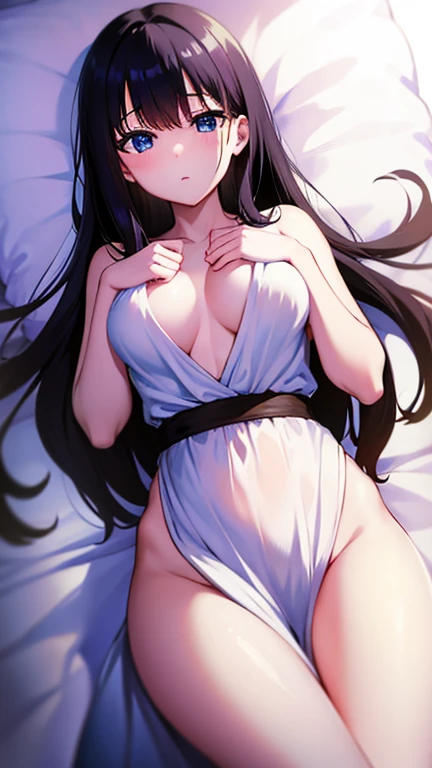 masterpiece, best quality, 1 solo girl, black hair, blue eyes, wavy hair, long hair, medium breasts, mature body and face, white Greek tunic, jewelry, hair ornament, earrings, tatami, night sky, cowboy shots, sexy pose, dakimakura, detailed body, face, and eyes, sharp focus, vibrant, creative, dynamic, high definition, high resolution, 8k, (Upscale: R-ESRGAN 4x+ Anime6B), (Image enchance:4x), voluptuous body, lying in the bed