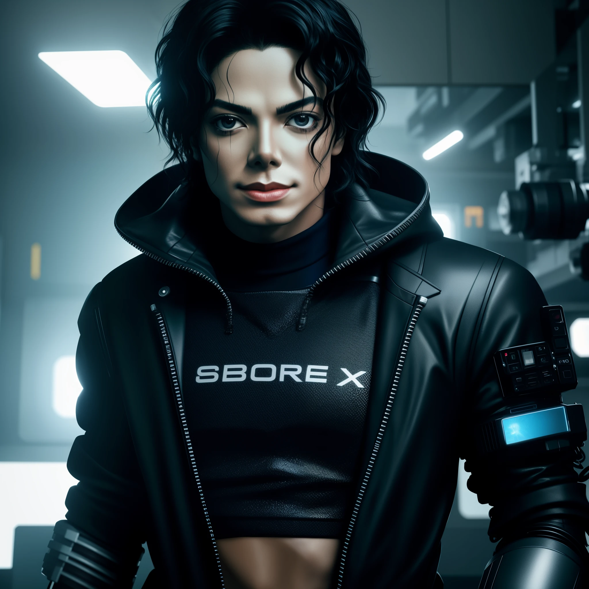 closer Michael Jackson with sweaty oily face, with cybernetic robotic body with technological details, in a mechanical robotics laboratory, realistic cinematic style, midjourney, Sony A7rIll.