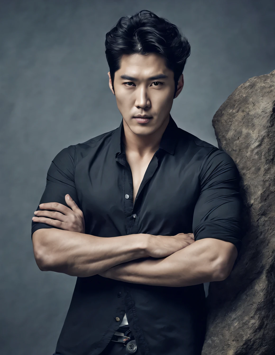 Head portrait of Asian man with completely transparent face and black curly hair，（bust），（Korean star Lee Sun Kyun：1.2），Toned muscles，background：Blackstone