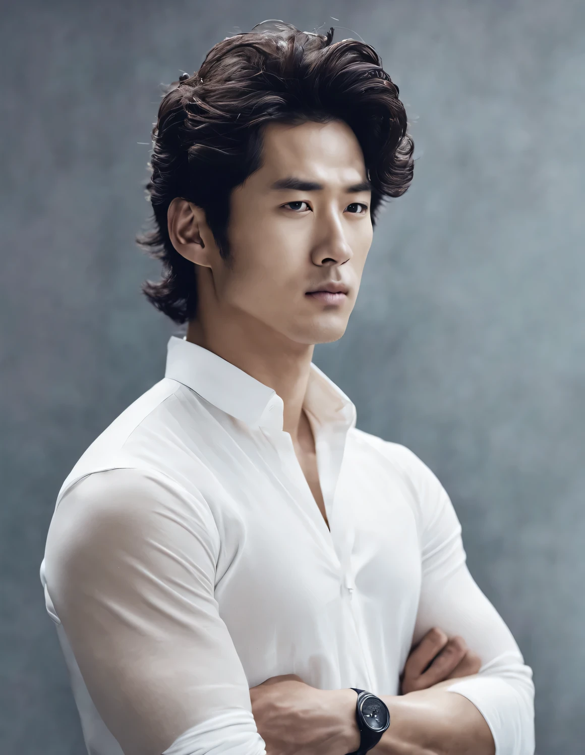 Head portrait of Asian man with completely transparent face and black curly hair，（bust），（Korean star Lee Sun Kyun：1.2），Toned muscles，background：Blackstone