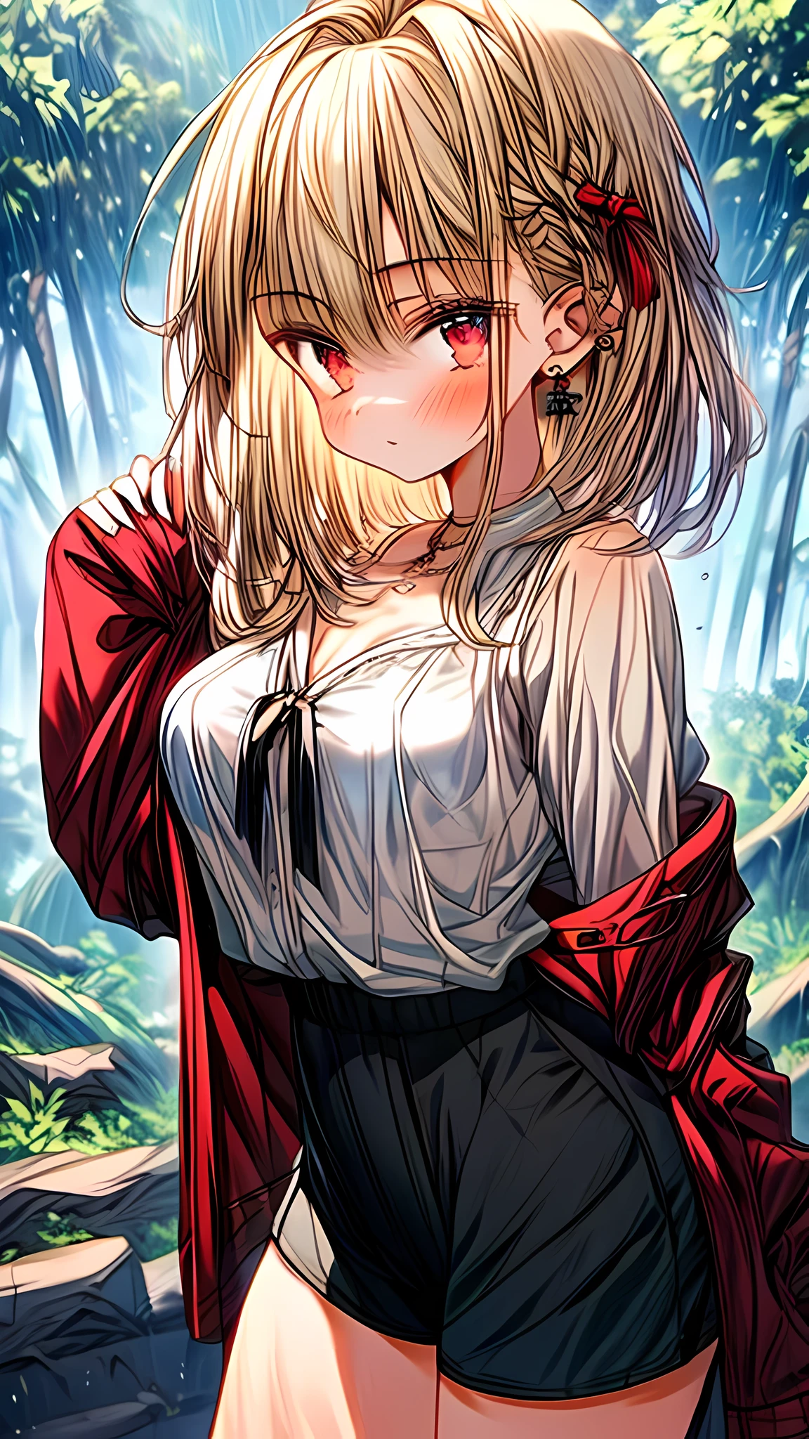 A beautiful and smoldering alluring small breasted anime manga teen explorer adventurer girl，With wild braided blonde hair and earrings，Wearing a tight-fitting explorer adventurer costume，Unbutton your shirt and shorts，Standing in the pouring rain，Overgrown Amazonian Inca Aztec city in an ancient ruins, Her clothes and hair were soaked.