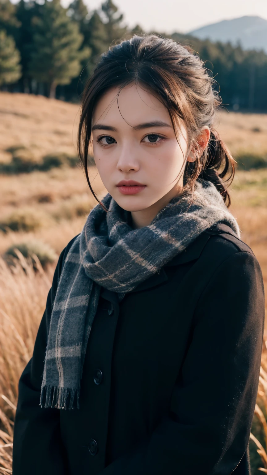 8k, best quality, masterpiece, actual, Ultra-detailed, photo actual, quality improvement,
Photo of a girl wearing a scarf standing in a field, Dark and brooding designer style, lots of quality, Photo display, calm face, jagged edges, navy, natural beauty, close-up