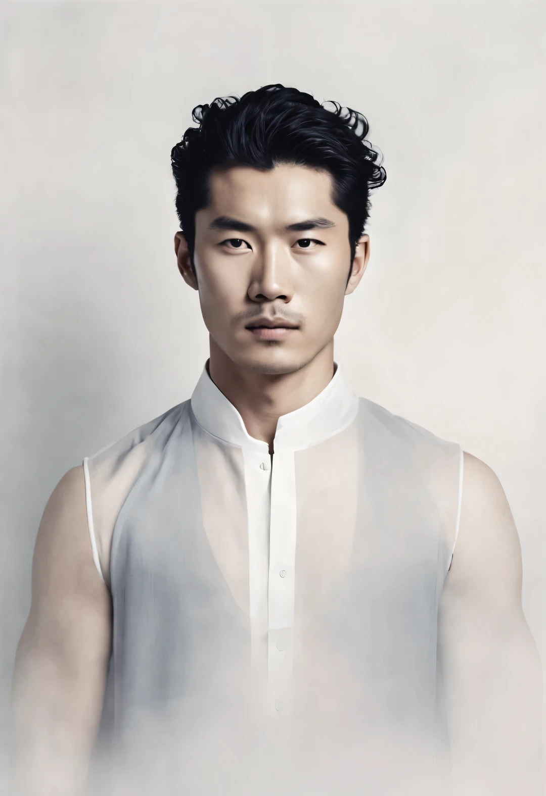 The face is completely transparent、Head portrait of an Asian man with thick long black curly hair，（bust），（Hu Bing, The first Chinese representative model to appear on the international stage：1.2），Toned muscles，