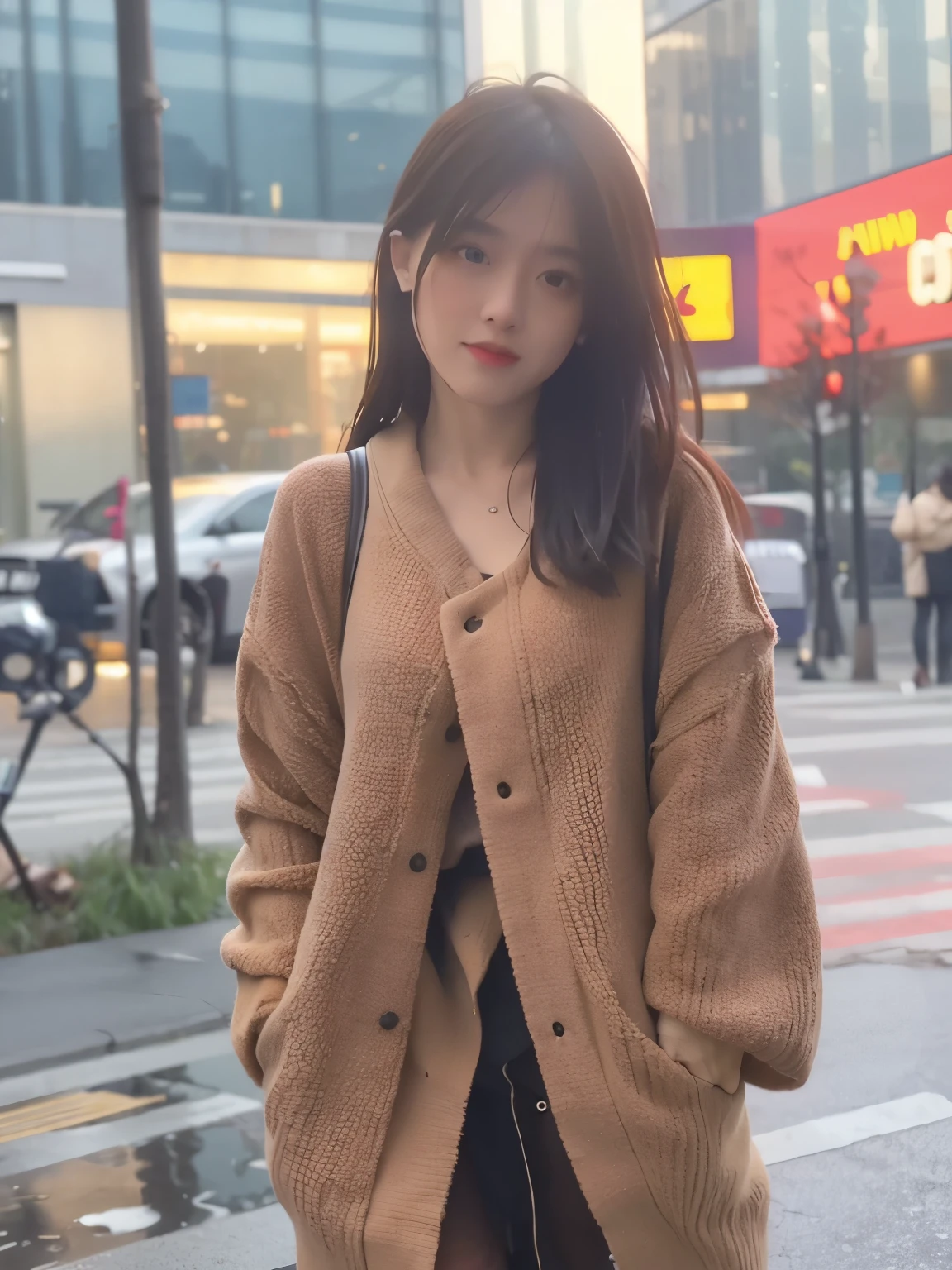 Mix 4,(8k, original photo, best quality, masterpiece:1.2), (actual, photo-actual:1.37),1 girl,Lovely,city View, night, rain, wet, professional lighting, photon mapping, Radiosity, Physically based rendering,