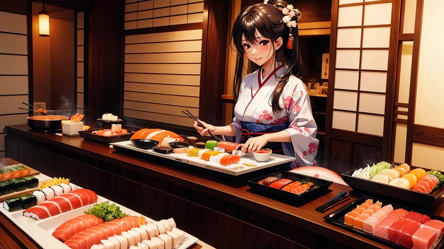 highest quality、masterpiece、UHD image quality、perfect beauty、Kappo kimono、cooking、Sushi Shop、kitchen、Hold the sushi、