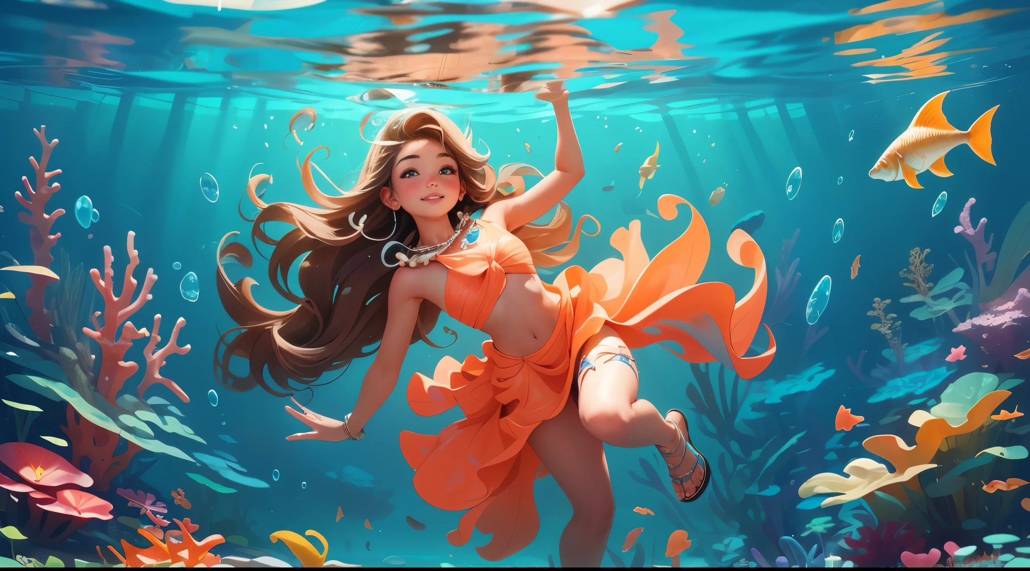 The girl is a diver for shells and pearls. Exotic, warm coral atoll. In an underwater scene, a very beautiful island girl collects shells in the coral reefs underwater. Bluewater, reflections of light from above penetrate through the water, air bubbles, and exotic - tropical underwater landscape. A girl - a diver in a realistic style, flexible - and graceful, with dark skin, and dark long hair developing in the water, dives headfirst for shells on the sandy bottom. Very positive exotic underwater scene - nude islander girl diver. She dives underwater, her hair is developing, there is a necklace on her neck, and there is a bag on a rope for treasure on her bare hips. Realistic visualization, in blue tones, light reflexes, coral atolls in the background (fish, crabs, malus, a variety of underwater tropical animals). High-detail textures, light reflections on the diver’s body, light refraction, and caustics. 8K, FUL HD, cinematic rendering, feature film., brown hair, quad drills, hair over shoulder, very long hair, hair spread out, hair beads, light smile, holding breath, Surrealism, Futurism, Romanticism, chiaroscuro, ray tracing, reflection light, backlighting, halftone, rounded corners, partially underwater shot, from below, wide shot, atmospheric perspective, high quality, highres, textured skin, anatomically correct, masterpiece, ccurate