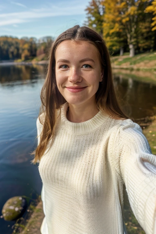 a selfie, taken with an iphone, at a lake in germany, upper body only, overexposed, wearing a sweater