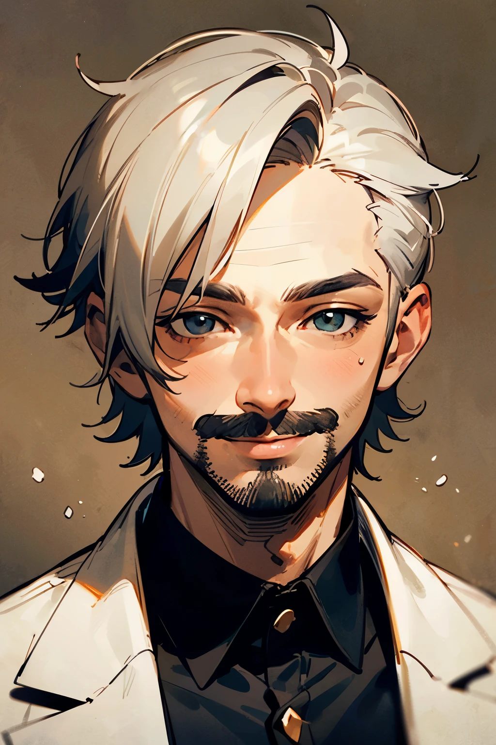 ((best quality)), ((masterpiece)), (detailed), perfect face, very short gray hair man 40 yo, handsome, smiling, short mustache and short beard, pepper-and-salt, very short hair