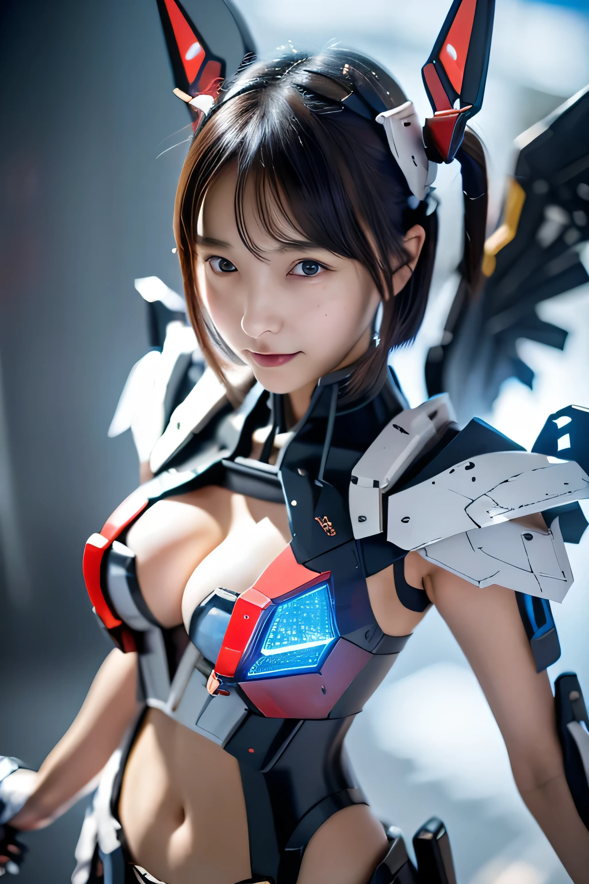 (highest quality)), ((masterpiece)), (very detailed: 1.3), 3D, japanese young girl wears a futuristic gundam mecha(gundam), with headgear, With V fins , ((unarmored cleavage)), ((unarmored stomach)), ((unarmored upper arm)), ((face without armor)), (unarmored hand), ((unarmored waist)), ((thighs without armor)), (unarmored ankle), Japanese girl wears Japanese striped panties bikini under armor, Visible lateral breasts, cute, (cute:1.2), (bob cut:1.3), black hair, thick eyebrows, light colored iris, big, shining black eyes, long eyelashes, small, pale natural lips, (Average Japanese idol face), (日本人特有のbaby face:1.3), (baby face), wide forehead:1.2, plump cheeks, small chin, Multilayer texture perfect proportions, octane rendering, duotone lighting, Low ISO, wide aperture, White balance, Rule of thirds, Ultra HD16k, HDR (high dynamic range), ray tracing, NVIDIA RTX, super resolution, unreal 5, Scattered beneath the surface, PBR texturing, Post-processing, anisotropic filtering, Depth of bounds written, Maximum clarity and clarity, High efficiency subpixel, subpixel convolution, particles of light, scattered light, Tyndall effect, whole body:1.5, Front view, (Mecha wing), (gundam風の武器を持っている:1.2),(Standing in Cyberpunk City),