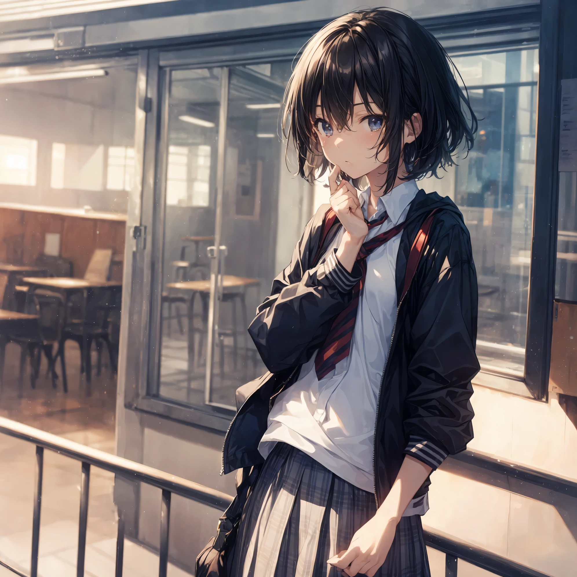 Super high quality by the art god, super detailed, High resolution, Shinkai Makoto style, anime moe art style, best anime 8K konachan wallpaper, pixiv contest winner, perfect anatomy, break,(眠そうにalone学校へ行く女の子を描いてください. ),break, surreal high school girl, (alone,change, child,:1.3),All limbs, full finger,Middle schoos charm, (very, very short hair), messy hair, flat and soft chest, small ass, between legs, Small black eyes,beautiful and fine eyes, Well-proportioned iris and pupils, disgusted eyes, yawn, High resolutionの詳細な髪, school uniform, (skirt), On the way to school. break,super dense skin, Best lighting by famous artists, 8K, figure,
