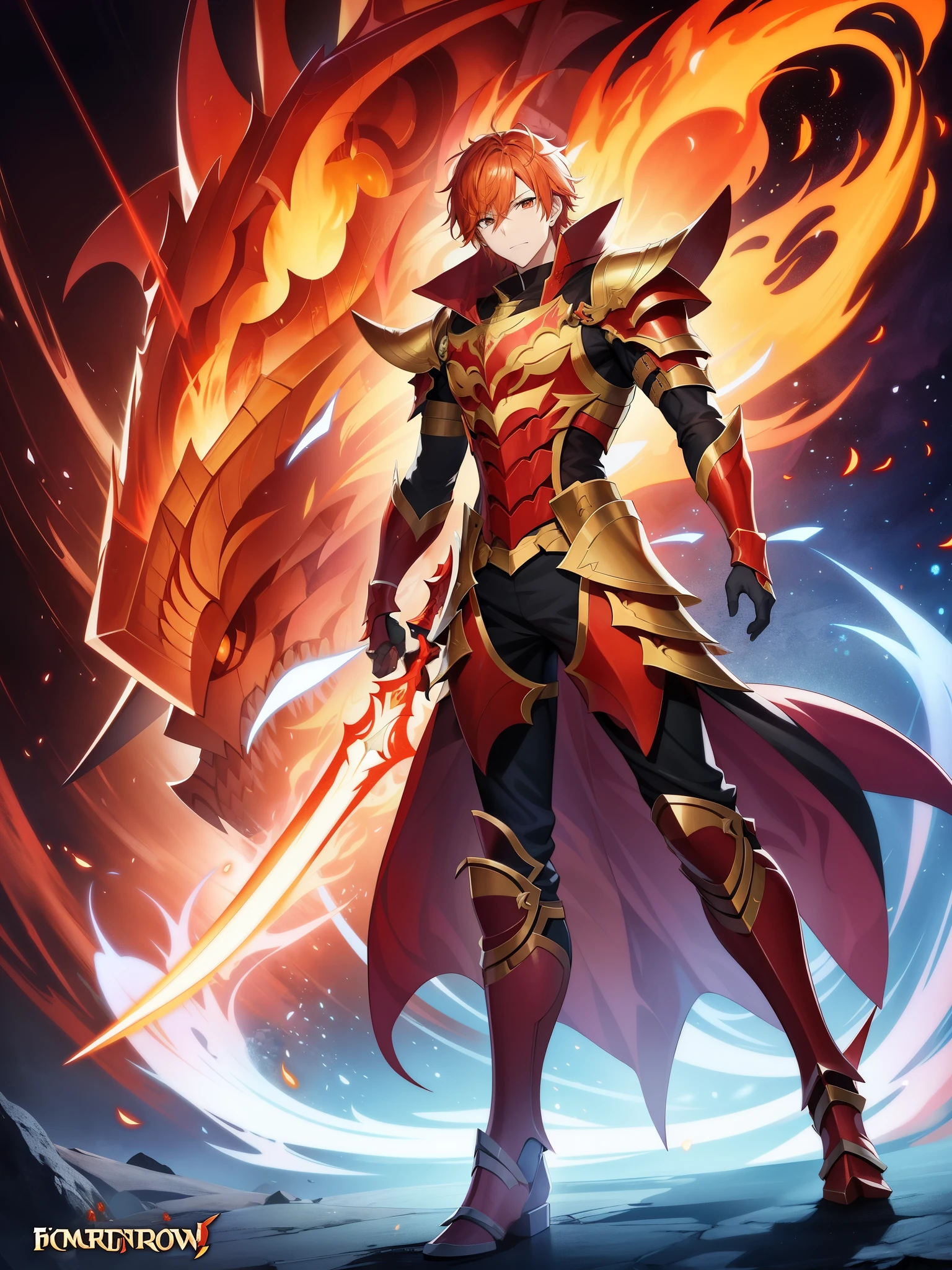 Blonde male anime character with long fiery red hair、character album cover、full art、fantasy character、full art イラスト、Complete portrait of the elementalist、character profile art、official character art、Official character illustration、marlin、Highly detailed official artwork、game key、Otsi、mobile game art、Spiteful face、armor of dark thorns、walking pose、orange red arrogance、background flame hell、full body armor、dragonborn knight、wrapped in powerful armor。The metal plate has a delicate design.、Reminiscent of flickering flames on the surface。