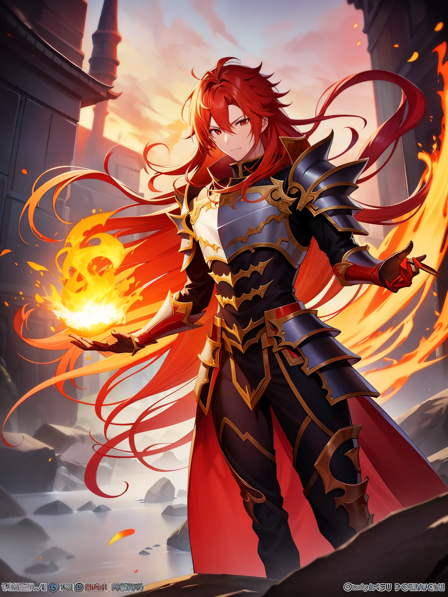 Blonde male anime character with long fiery red hair、character album cover、full art、fantasy character、full art イラスト、Complete portrait of the elementalist、character profile art、official character art、Official character illustration、marlin、Highly detailed official artwork、game key、Otsi、mobile game art、Spiteful face、armor of dark thorns、walking pose、orange red arrogance、background flame hell、full body armor、dragonborn knight、wrapped in powerful armor。The metal plate has a delicate design.、Reminiscent of flickering flames on the surface。