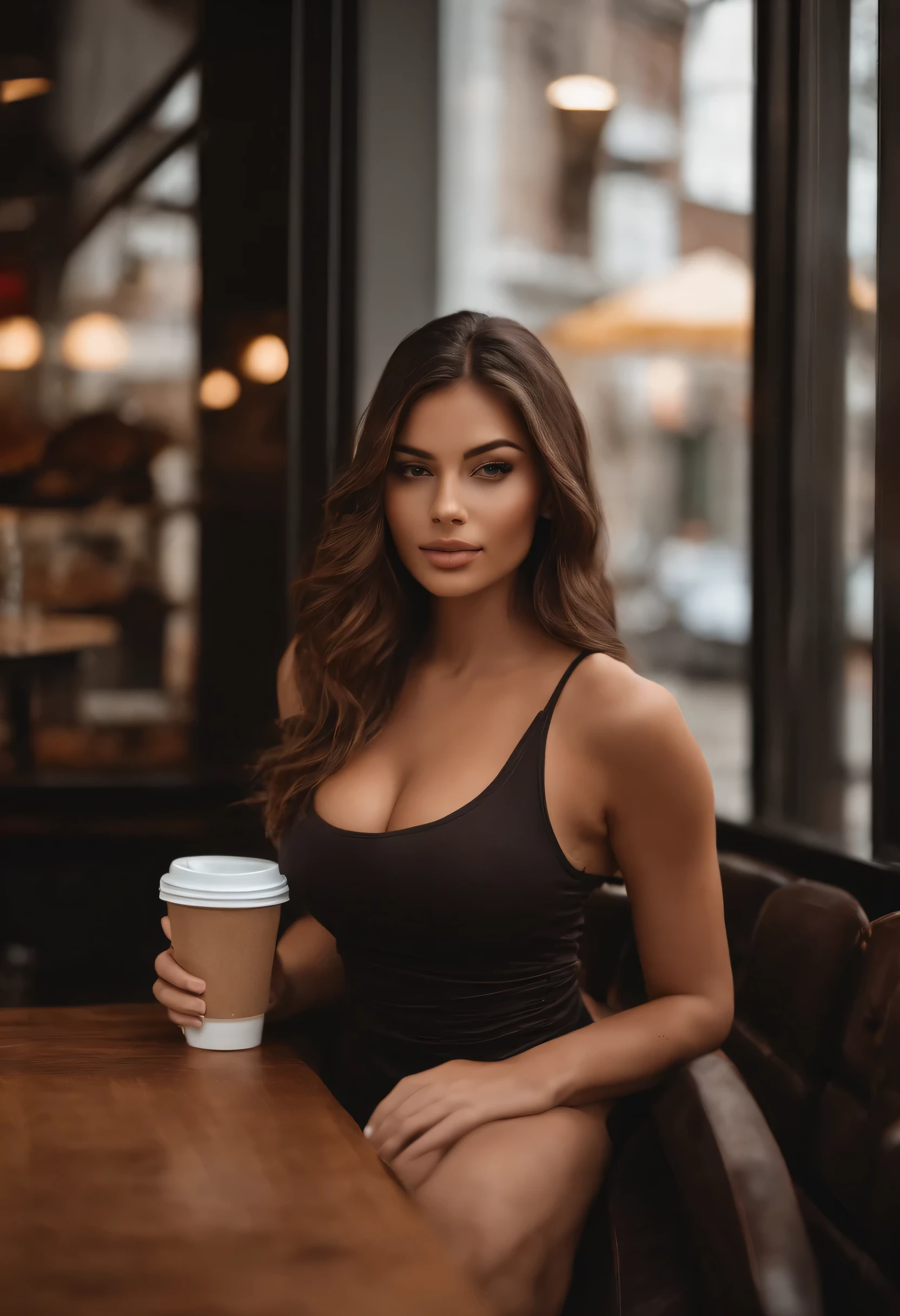 Latina , big breast , big ass, tennager ,good physics ,,street clothes style, athletic physic,sit on a coffee shop,arafed woman naked,bottom half covered, brown eyes, portrait sophie mudd, brown hair natural makeup, looking directly at the camera, stunning full body shot, sexy pose, cute girl, brunette goddess, high detail
