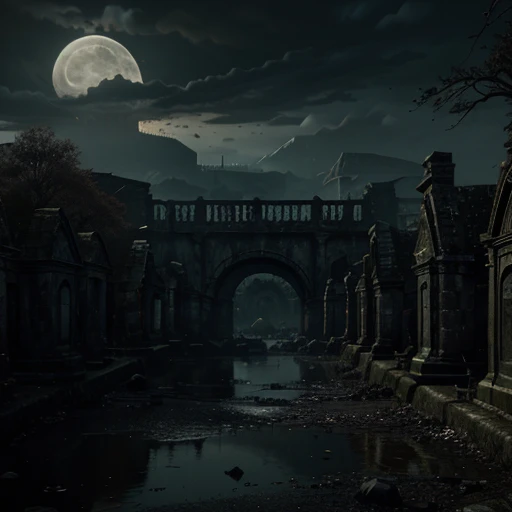 Madness evil landscape. Tentacles rising from the abyss, polluted river, macabre cemetery, bloody moon, unreal engine, UHD sketch color drawing
