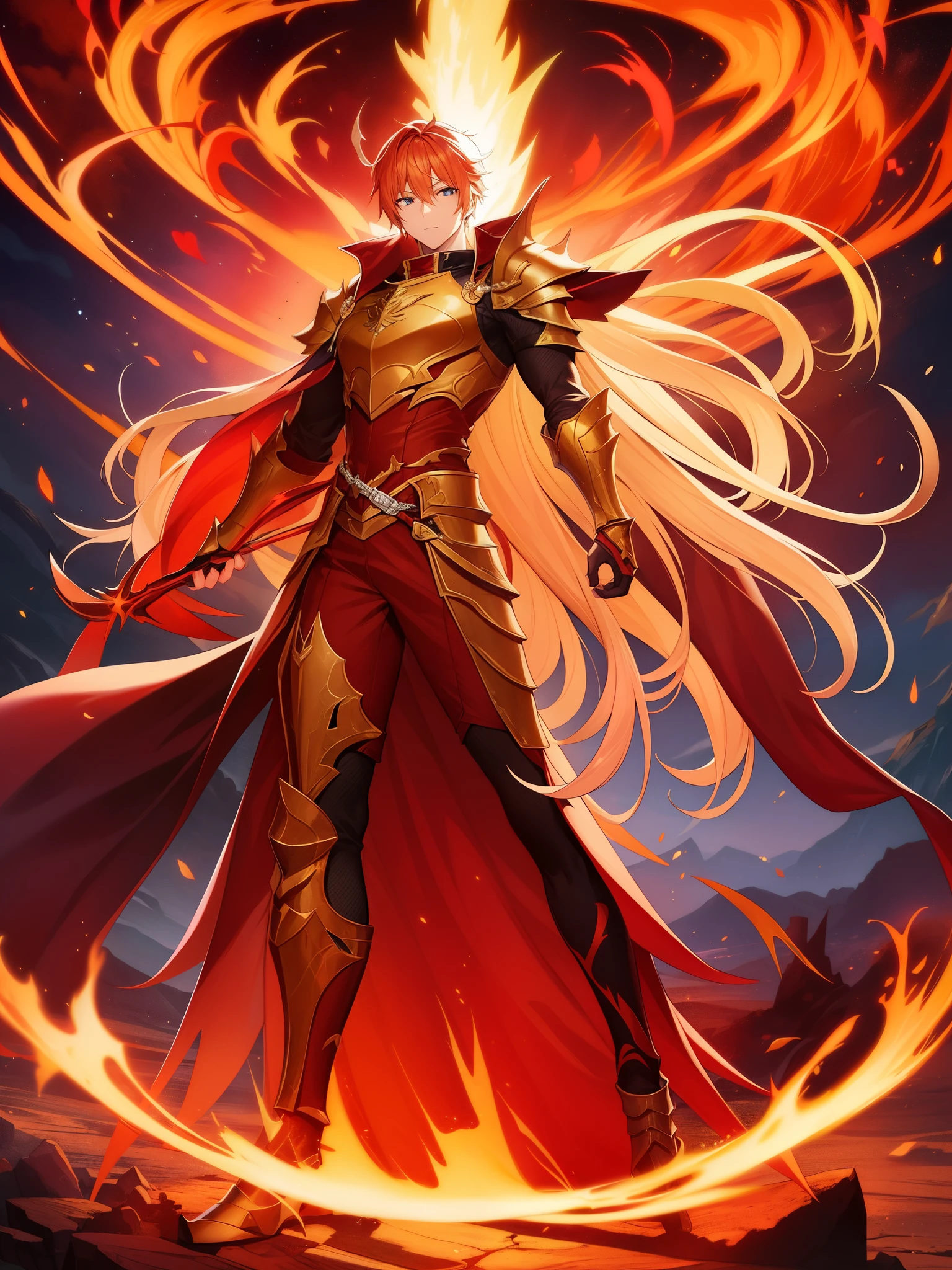 　　Blonde male anime character with long fiery red hair、character album cover、full art、fantasy character、full art イラスト、Complete portrait of the elementalist、character profile art、official character art、Official character illustration、marlin、Highly detailed official artwork、game key、Otsi、mobile game art、Spiteful face、armor of dark thorns、walking pose、orange red arrogance、background flame hell、full body armor、dragonborn knight、wrapped in powerful armor。The metal plate has a delicate design.、Reminiscent of flickering flames on the surface。