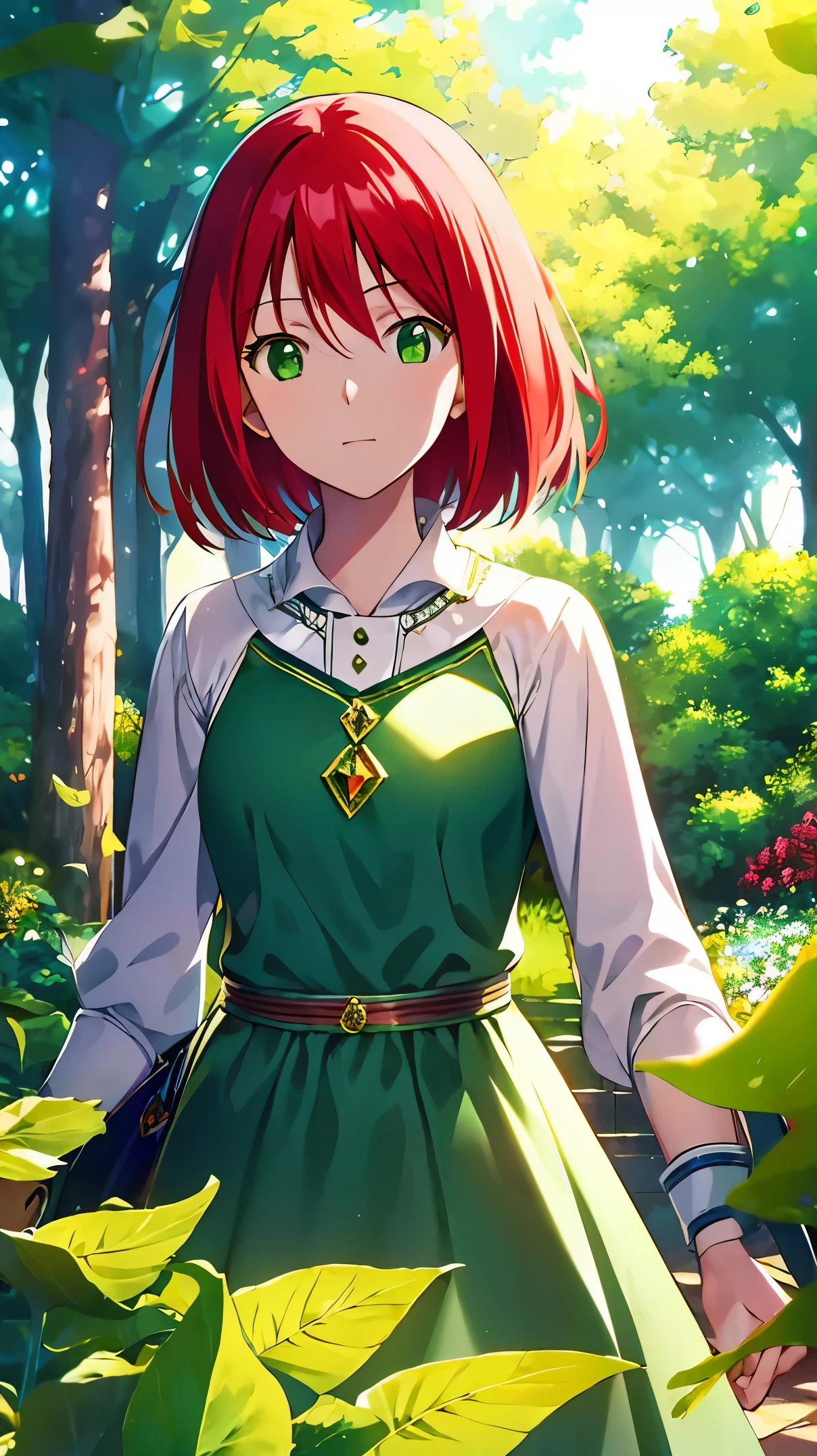 masterpiece, best quality, illustration, 1girl, solo, looking at viewer, , , , , shirayuki-hime, red hair, green eyes, , An enchanted forest where magical creatures and plants abound, High resolution