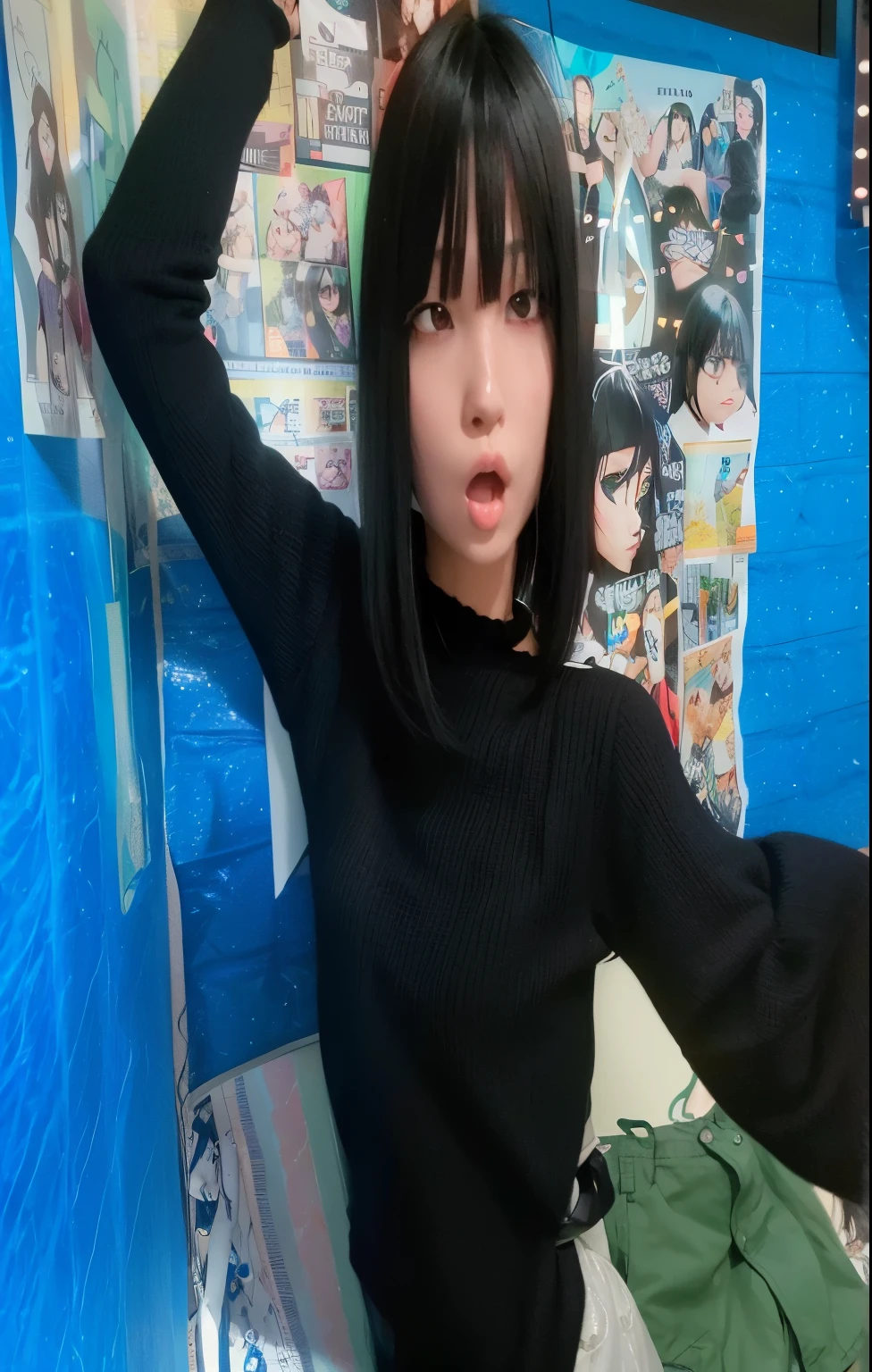 arafed woman in black shirt and black pants posing for a picture, she has black hair with bangs, black hime cut hair, anime girl in real life, the hime cut, with short hair, 1 7 - year - old anime goth girl, with bangs, anime thai girl, with full bangs, anime vibes, with short hair with bangs
