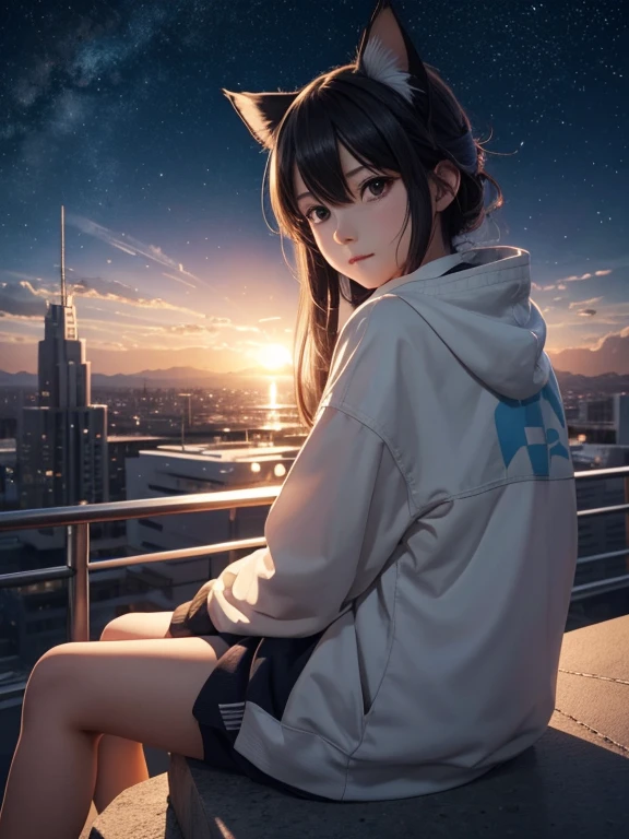 Anime cat-eared girl sitting on a ledge looking at the sky, Anime drawings inspired by Makoto Shinkai, It's trending on pixiv, space art, Makoto Shinkai Cyril Rowland, 4k anime wallpaper, anime art wallpaper 8k, anime art wallpaper 4k, anime wallpaper 4k, anime wallpaper 4k, anime wallpaper 4k