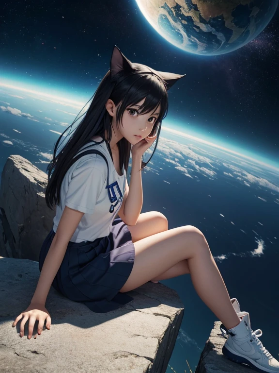 Anime cat-eared girl sitting on a ledge looking at the sky, Anime drawings inspired by Makoto Shinkai, It&#39;s trending on pixiv, space art, Makoto Shinkai Cyril Rowland, 4k anime wallpaper, anime art wallpaper 8k, anime art wallpaper 4k, anime wallpaper 4k, anime wallpaper 4k, anime wallpaper 4k