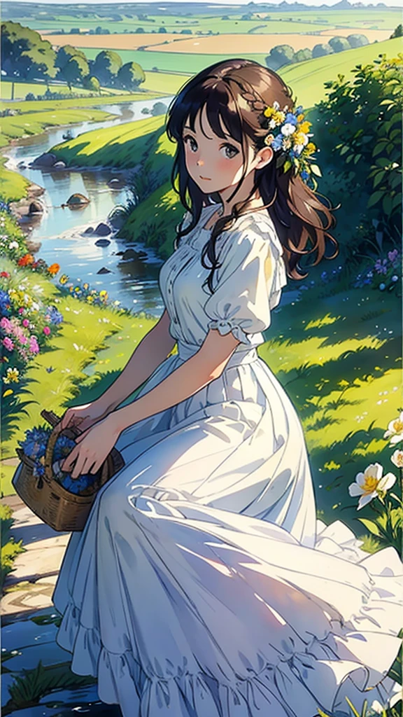 (Watercolor in Sargent style)、(highest quality、masterpiece)、soft light、View of the Cotswolds,Old farmhouse、stream、flower bloom、one woman、dark brown hair、braided hair、White blouse and long skirt、picnic、stand up、blown by the wind、