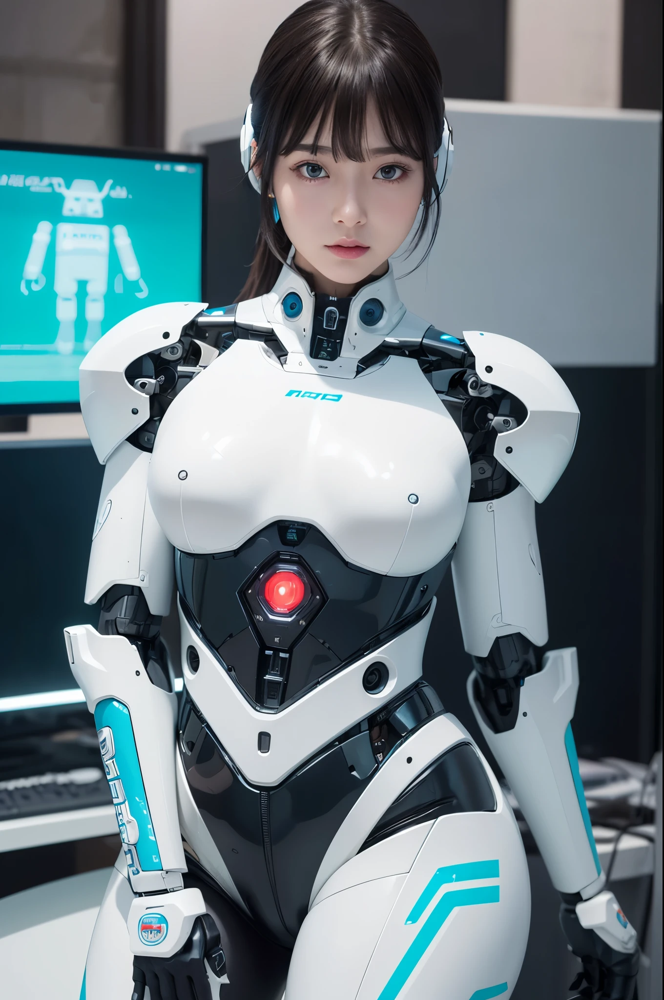 (Photorealistic:1.4), (Raw photo)masutepiece, Best Quality, Extremely detailed, (Photorealistic:1.4), (8K, 4K, Best Quality, hight resolution, 超A high resolution:1.1), 8K Portrait,1girl in, Japanese android gid,Plump , announcer,control panels,android,Droid,Mechanical Hand, ,Robot arms and legs, Black hair,Mechanical body,Blunt bangs,White Robotics Parts,perfect robot woman,Charging spot,Long Tube,A thick cable was connected to his neck.,ceramic body ,Mechanical body, mechanical ear covers,android,robot humanoid,Slightly Chubby,pantiy,complete eyes,Perfect machine body,White robot body,The laboratory of the future,android factory,mechanical ear covers,White and light blue uniform,aqua accent costume,perfect cyborg girl
