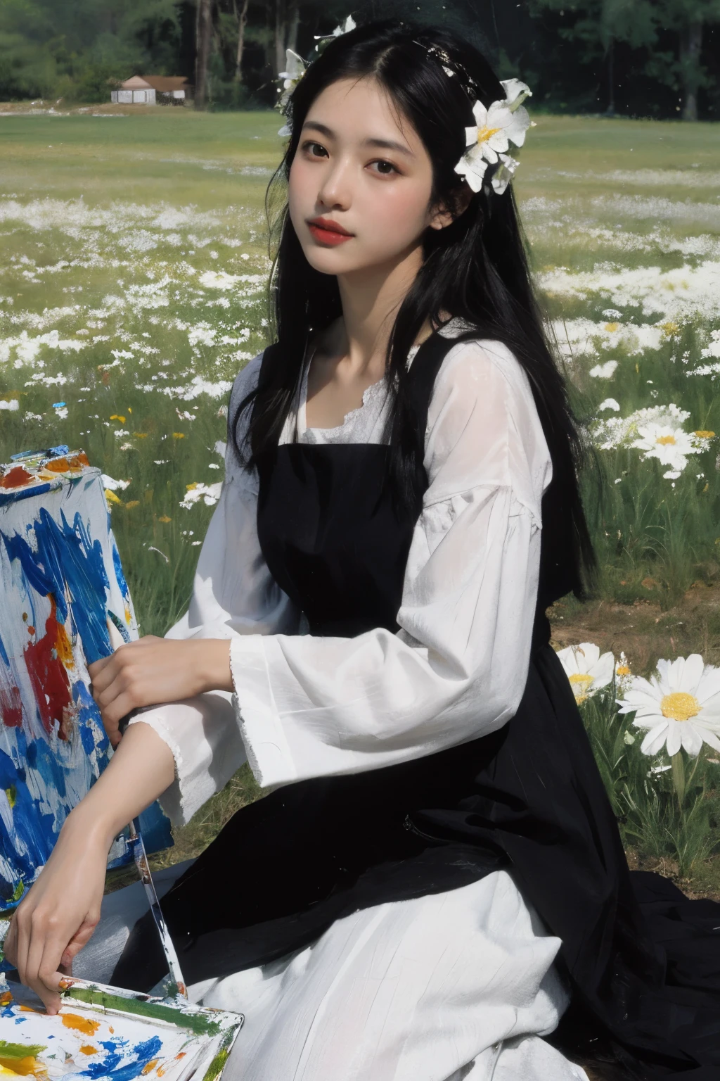 (painting:1.5),
\\
One with black hair、Woman with white flowers in her hair lies in a field of white flowers, (Amy Saul:0.248), (Liu Stanley:0.106), (a detailed painting:0.353), (gothic art:0.106)