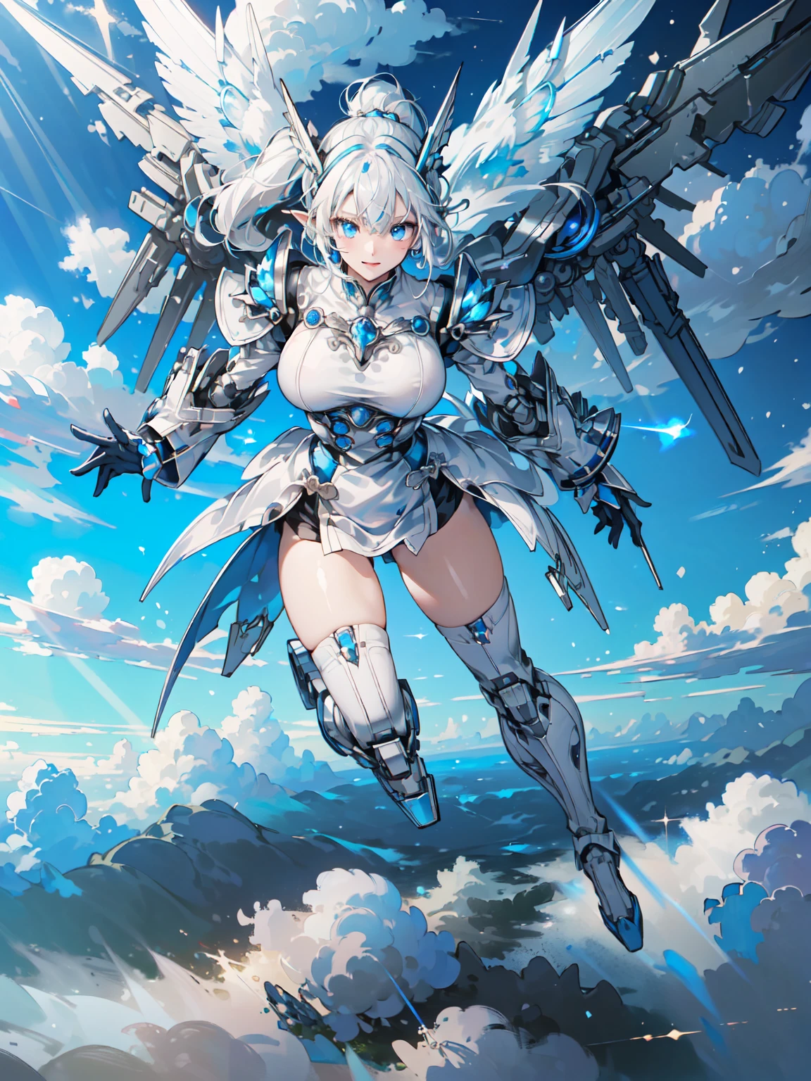 (masterpiece, highest quality, wonderful, very detailedティッカーユニティ、8k wallpaper, written boundary depth, Ultra-thin illustration:1.5)、3D, very detailed, (whole body、Mecha elf girl:1.3), sci-fi battlefield, Hawken, smile, open your mouth, short ponytail hair, (white blonde hair, deep blue eyes:1.2), sparkling eyes, cute顔, cute, big breasts, delicate hair, messy hair, (((Flying high in the sky))、blue sky, White cloud), shiny hair, shiny skin, (Symmetrical mechanical wing、Metallic colored mechanical wings that are widely expanded to the left and right so that they protrude wonderfully from the screen, headgear, white hair ornament), (particles of light, cinematic lighting: 1.3), (pale pink lips: 0.8), by Yusuke Murata.