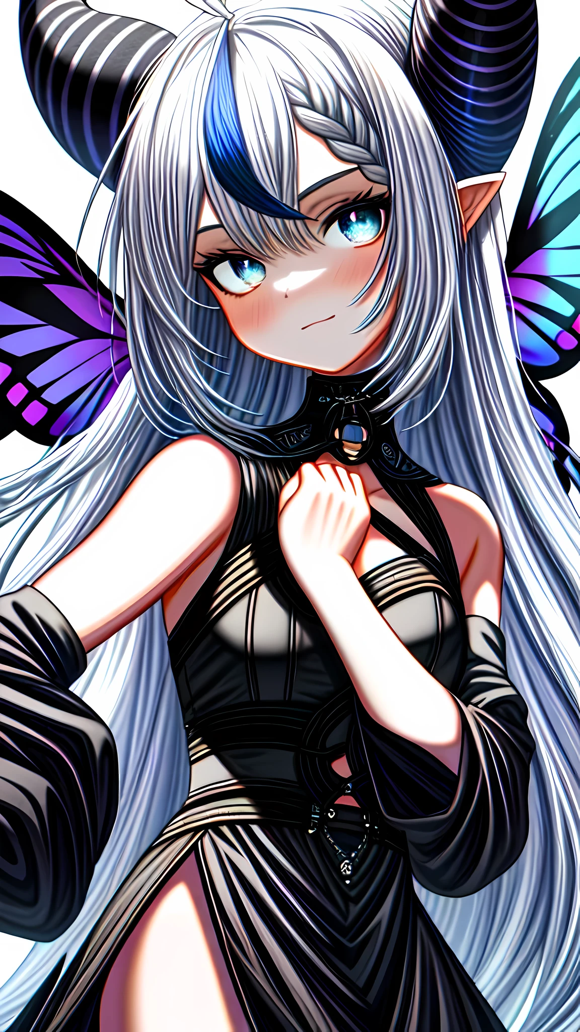 (masterpiece),(best quality), girl,((Super detailed)), (Highly detailed CG illustrations),(Poker face),cityscape, flat color, 上Half body,(National Science Foundation:1.3), (ridiculous:1.3),(best shadow:0.7), (Handle Hair), (Sharp eyeliner, eye shadow, delicate eyes:1.1), perfect anatomy, rest,
This picture is a wonderful and beautiful piece of art. In the center, There are white-haired characters,Wearing a sophisticated black dress. her face turned to the side, Show a calm and mysterious expression. her hair is very long,as elegant as a wave, highlight her beauty.
rest
Around her, There are many colorful butterflies. they are blue, Red, orange, and other colors. they surround the characters,Bring life and movement to the entire image. Butterflies are depicted as free and beautiful beings, Their flight is visually appealing.
rest
The background is dark, The characters and butterflies stand out. This creates a more dreamy atmosphere, and bring the audience into that world.
rest
The character's dress is also very detailed. Black dress with intricate design, and a combination of different textures and patterns. She also has some decorations and accessories around her ears and neck.
rest
delicate facial features, Extremely delicate and delicate touch, a woman, young, 19 years old, short white hair, Skin as white as snow, indifferent gaze, blue eyes like crystal, White clothes, black robe, cape, Half body, Background with blue lights.