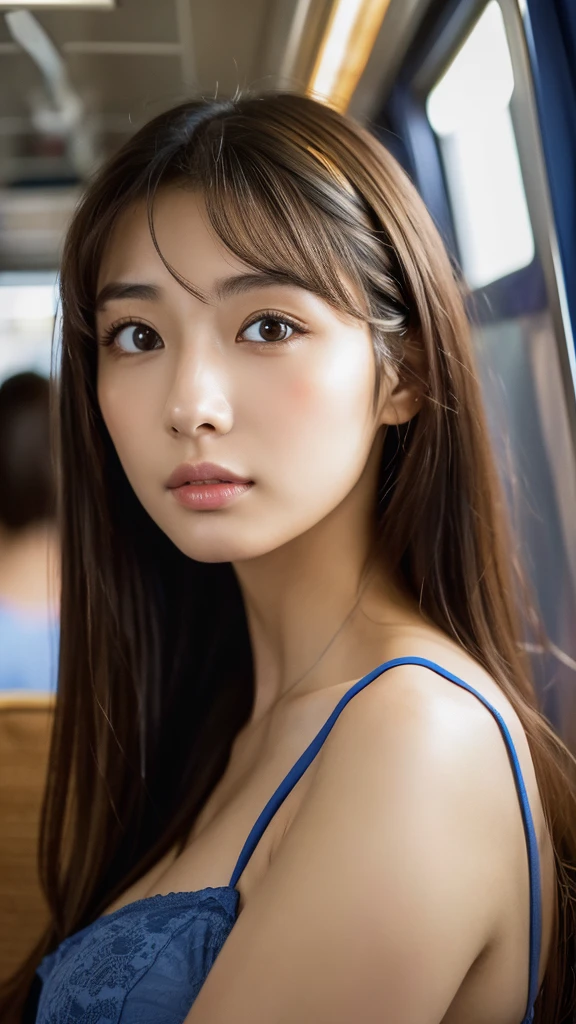 (((muste piece,It&#39;s photorealistic))), (((8K,best quality: 1.4))), ((super detail: 1.4)) , Beautiful woman,Japanese,25 years old,inside the train,Ultra-detailed facial features, expressive face, detailed texture, Natural Skin Shader, Full body,ultra high resolution,綺麗なJapanese女性,(blue bra,best quality),realistic eyes,realistic skin,golden ratio,long hair,1girl