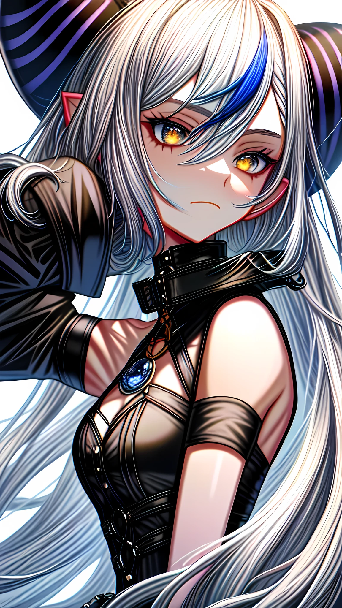 Japanese anime style art: Beautiful woman with long white hair, has silver eyes and wears an eye patch, being a witch wears medieval clothing, carries in one hand a spiral black sword that resembles a spear, has a cold expression and one of his hands has a black flame 