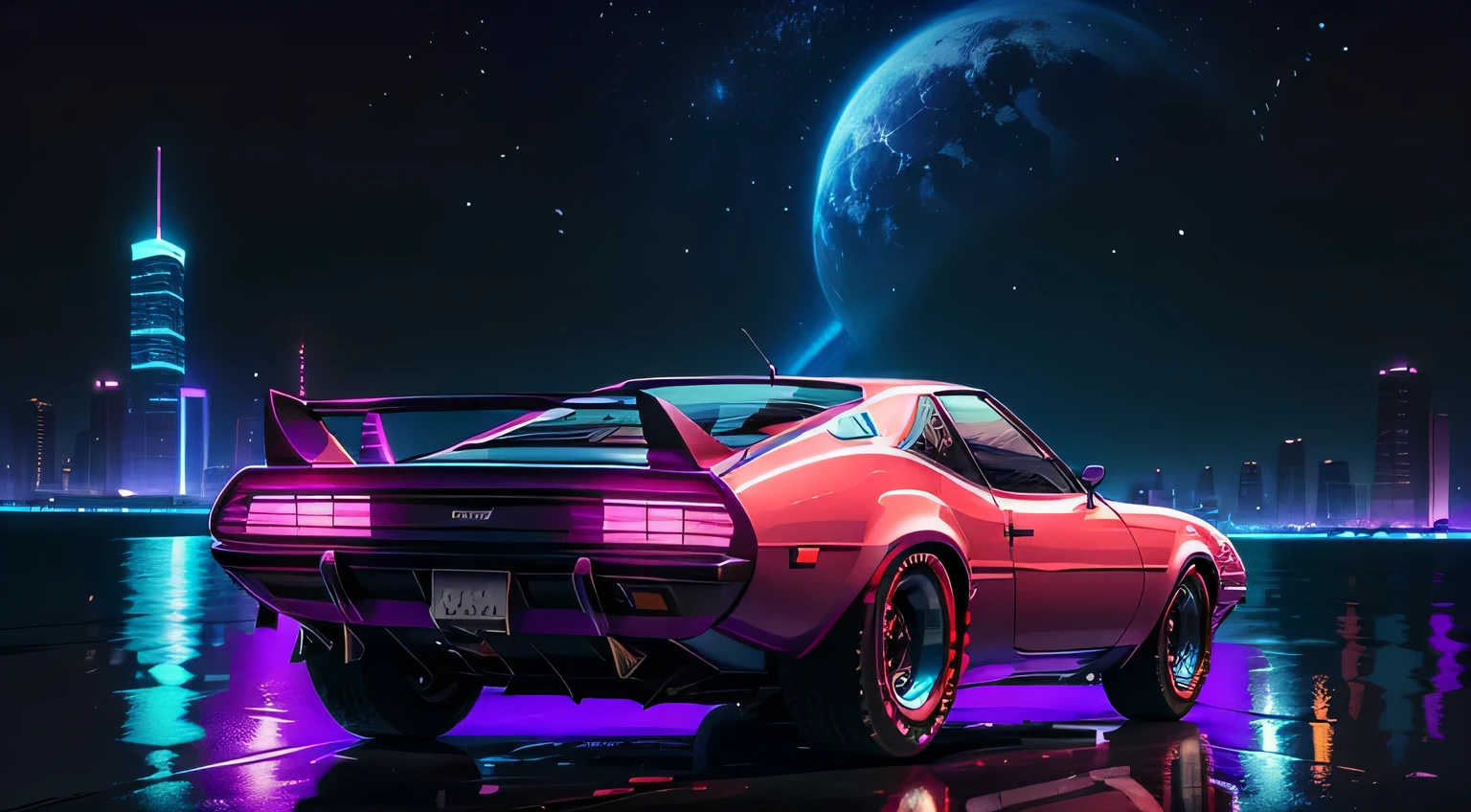 retroonda. CIDADE, Nissan S30 1969, kit de corpo largo, Estrada, purple neon lights, sol, montanha,
(obra de arte,detalhado,high resolution),