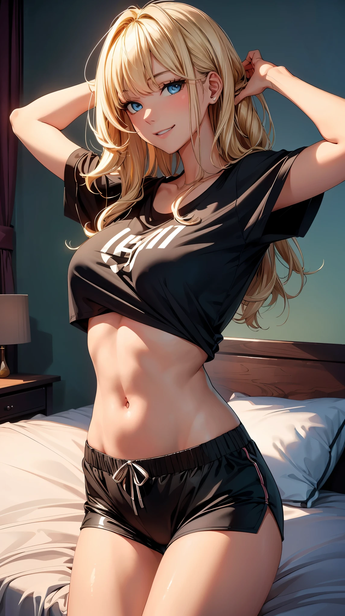 (8K, Live shooting, highest quality, masterpiece: 1.2), High-definition RAW color photo, professional photography, cinematic light, ((1 girl)), upper body shot, (Low - Angle:1.2), hyper cute face, (blonde wavy hair), toothy smile, wet body, glossy lips, slender body, big breasts, ((T-shirt, Colorful shorts)), On my back, Lying, natural makeup, long eyelashes, shiny hair, asymmetrical bangs, sunburned skin, cute face, beautiful and fine eyes, beautiful clavicle, beautiful body, beautiful breasts, beautiful thighs, beautiful feet, (((美しいrefer to, 手のrefer toが5本, ５refer to))), I can see your belly button, Bedroom, Silk sheets, silk pillow, luxury bed, center image, High resolution, high detail, detailed hairstyle, detailed face, great movie lighting, lively, hyper real, perfect limbs, perfect anatomy, anatomically correct,