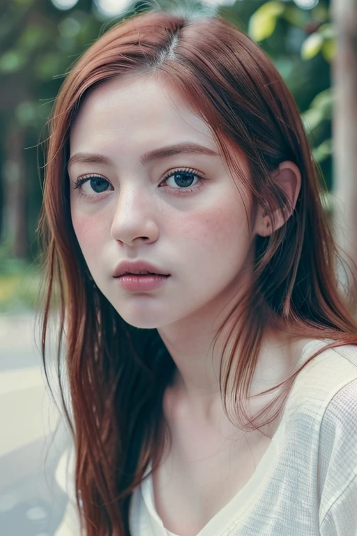 Angel, Red hair , beautiful girl,美しいRed hairの少女, (masterpiece, highest quality, High resolution:1.4), 1 girl, Angel, Texture of skin pores, red hair, HD , photograph, movie, movie的な, whole body, realistic, (8K, RAWphotograph, highest quality, masterpiece:1.2), (realistic, photo-realistic:1.33), highest quality, Detailed eyes are hazel, cute, adorable,Natural light, Depth of bounds written, film grain, wrinkled skin, sharp, detailed and realistic portrait of a woman ,(freckles:0.5) , outside, wearing a white T-shirt, stare at the camera, chapped lips, soft Natural light, ポートレートphotograph, 魔法のphotograph撮影, dramatic lighting, photorealism, super detailed, intimate portrait composition, Leica 50mm,white sarouel pants