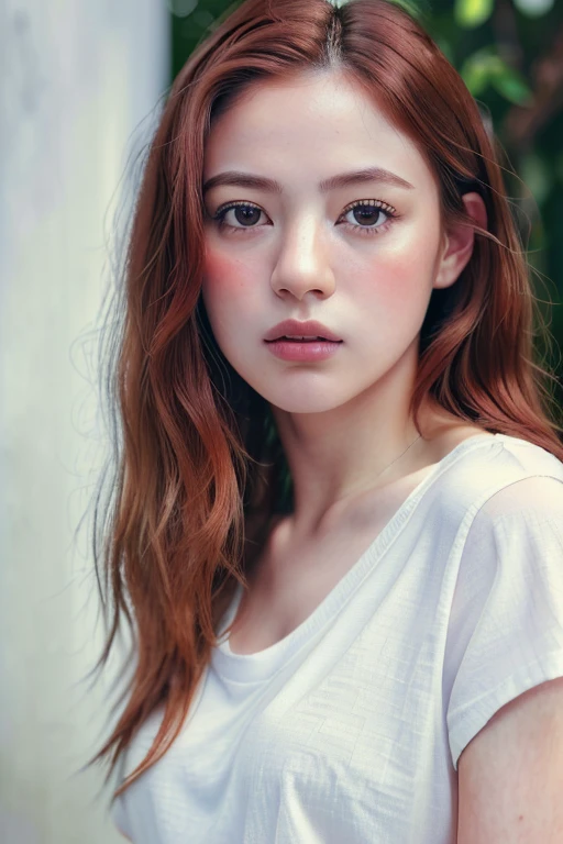 Angel, Red hair , beautiful girl，美しいRed hairの少女, (masterpiece, highest quality, High resolution:1.4), 1 girl, Angel, Texture of skin pores, red hair, HD , photograph, movie, movie的な, whole body, realistic, (8K, RAWphotograph, highest quality, masterpiece:1.2), (realistic, photo-realistic:1.33), highest quality, Detailed eyes are hazel, cute, adorable,Natural light, Depth of bounds written, film grain, wrinkled skin, sharp, detailed and realistic portrait of a woman ,(freckles:0.5) , outside, wearing a white T-shirt, stare at the camera, chapped lips, soft Natural light, ポートレートphotograph, 魔法のphotograph撮影, dramatic lighting, photorealism, super detailed, intimate portrait composition, Leica 50mm,white sarouel pants