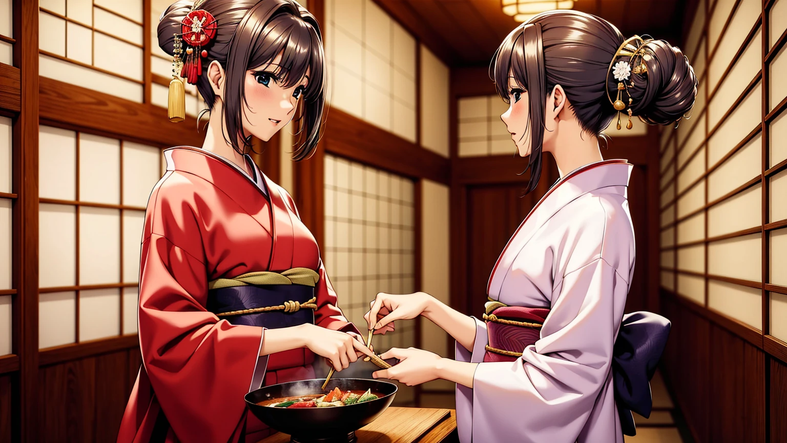 highest quality、masterpiece、Super high quality、A woman with perfect beauty、Kappo kimono、(Japan restaurant,Cooking in the kitchen)
